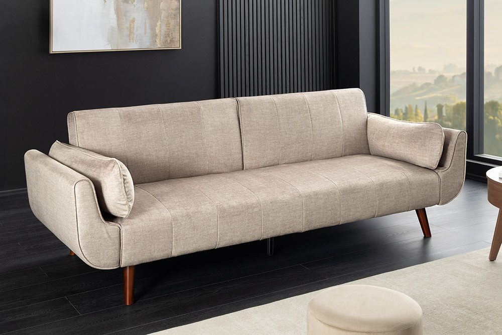 riess-ambiente Schlafsofa DIVANI 220cm champagner beige/braun - Samt, Walnussholz, inkl. Kissen, Einzelartikel 1 Teile, Retro 3-Sitzer mit Bettfunktion - ideal für Wohn- und Schlafzimmer