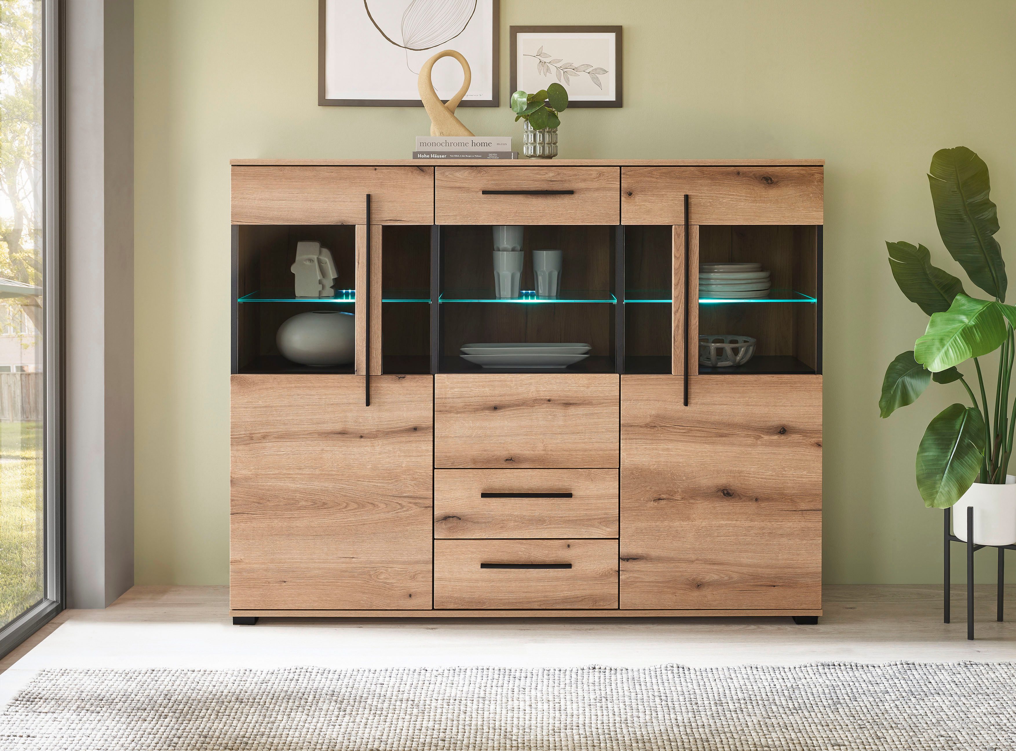 Home affaire Highboard Cantara, moderner Schrank, Vitrine in Eiche Dekor, Weiß oder Kaschmir, schwarze Stangengriffe, ausreichend Stauraum, vielseitig einsetzbar