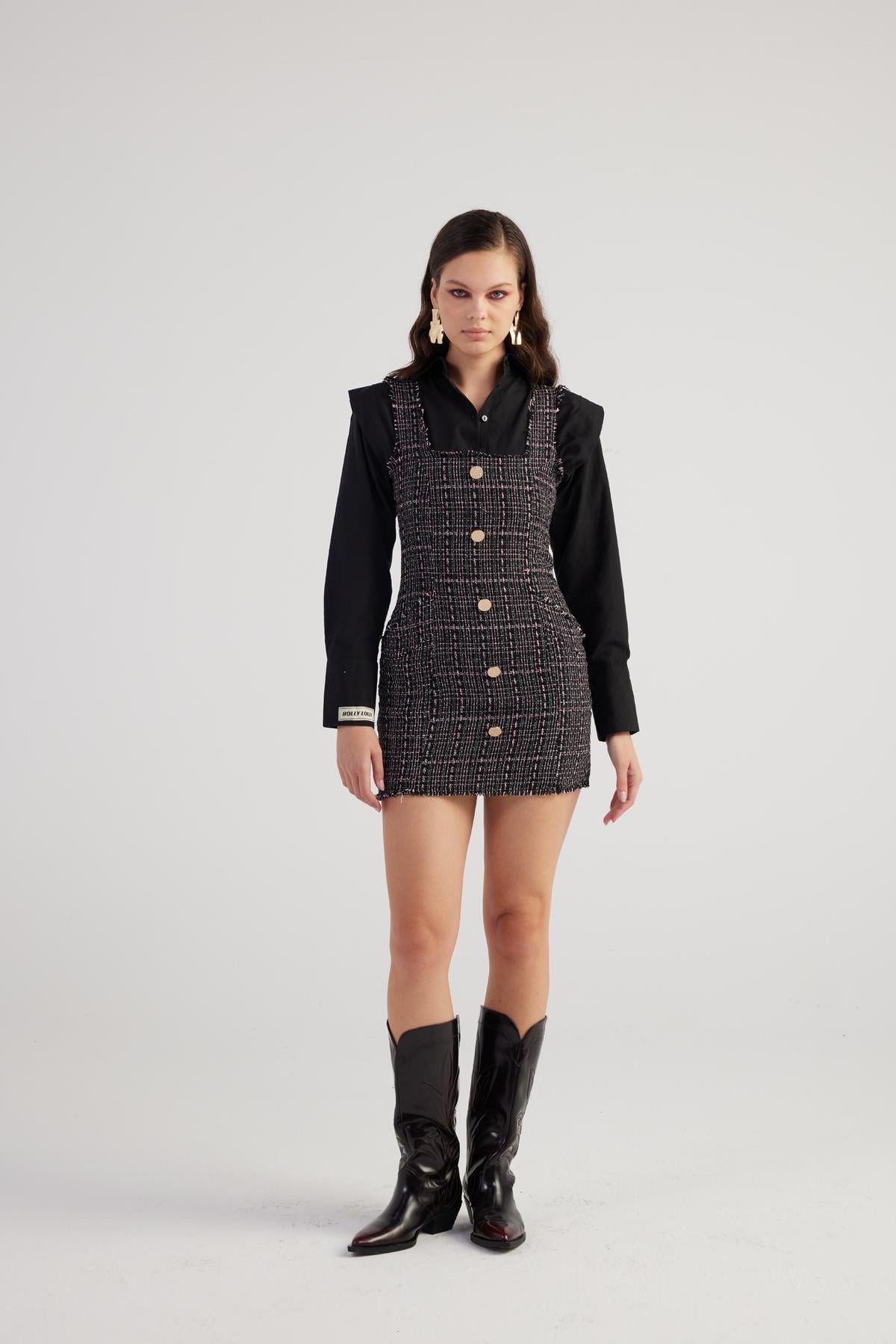 HOLLY LOLLY Midikleid Mini-Tweed-Kleid mit Metallknöpfen