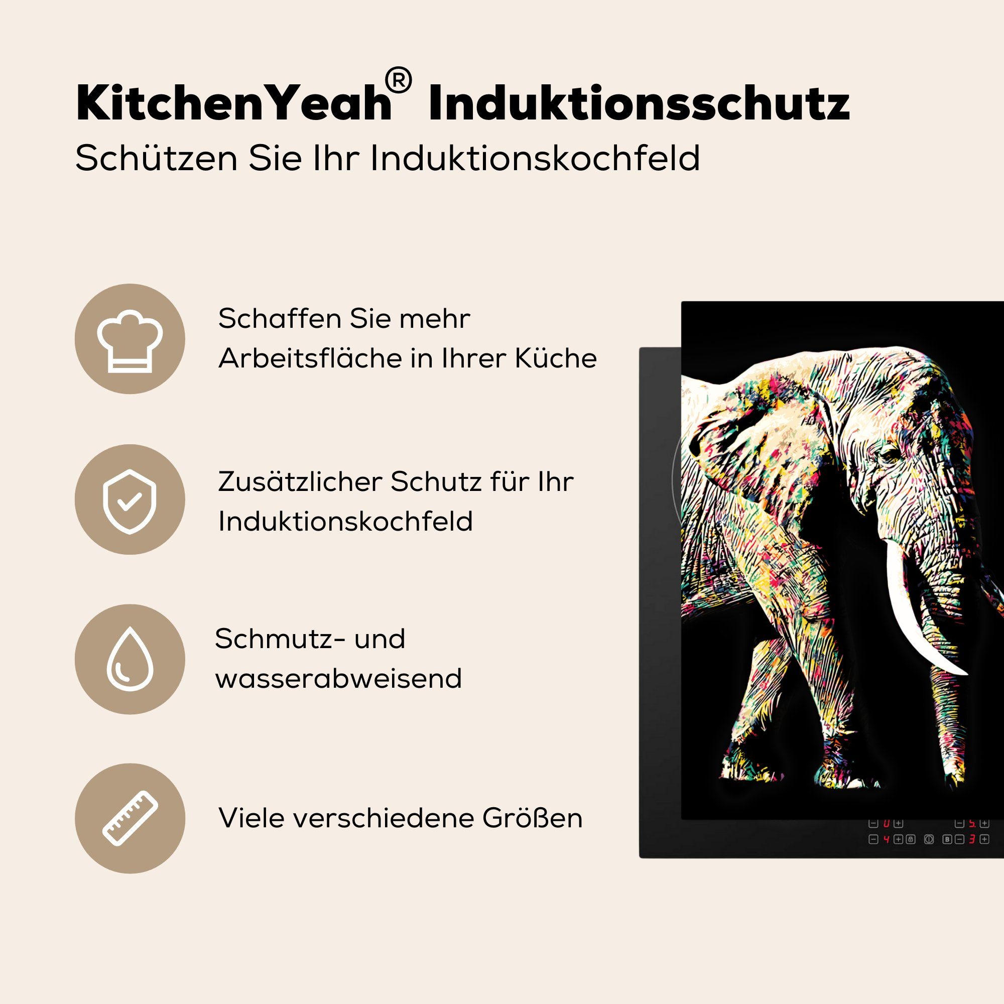 Ceranfeldabdeckung, Elefant tlg), Farben, MuchoWow Arbeitsplatte Vinyl, 78x78 küche (1 Tiere für Herdblende-/Abdeckplatte cm, - -