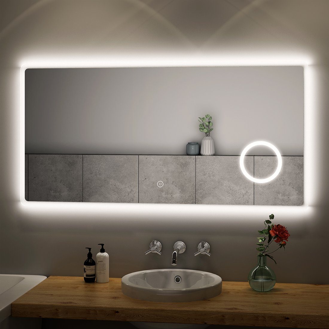 S'AFIELINA Badspiegel Badspiegel mit Beleuchtung Wandspiegel Led Badspiegel, 120x60cm,Kaltweiß 6500K,Touchschalter,3-fach Vergrößerung,IP 54