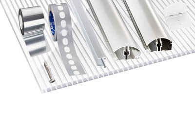 GUTTA Hohlkammerplatte »Zebraplatte, weiß gestreift«, 16 mm, 12 m², Bedachungs-Set komplett für 3x4 Meter mit Profilen, Gummidichtungen