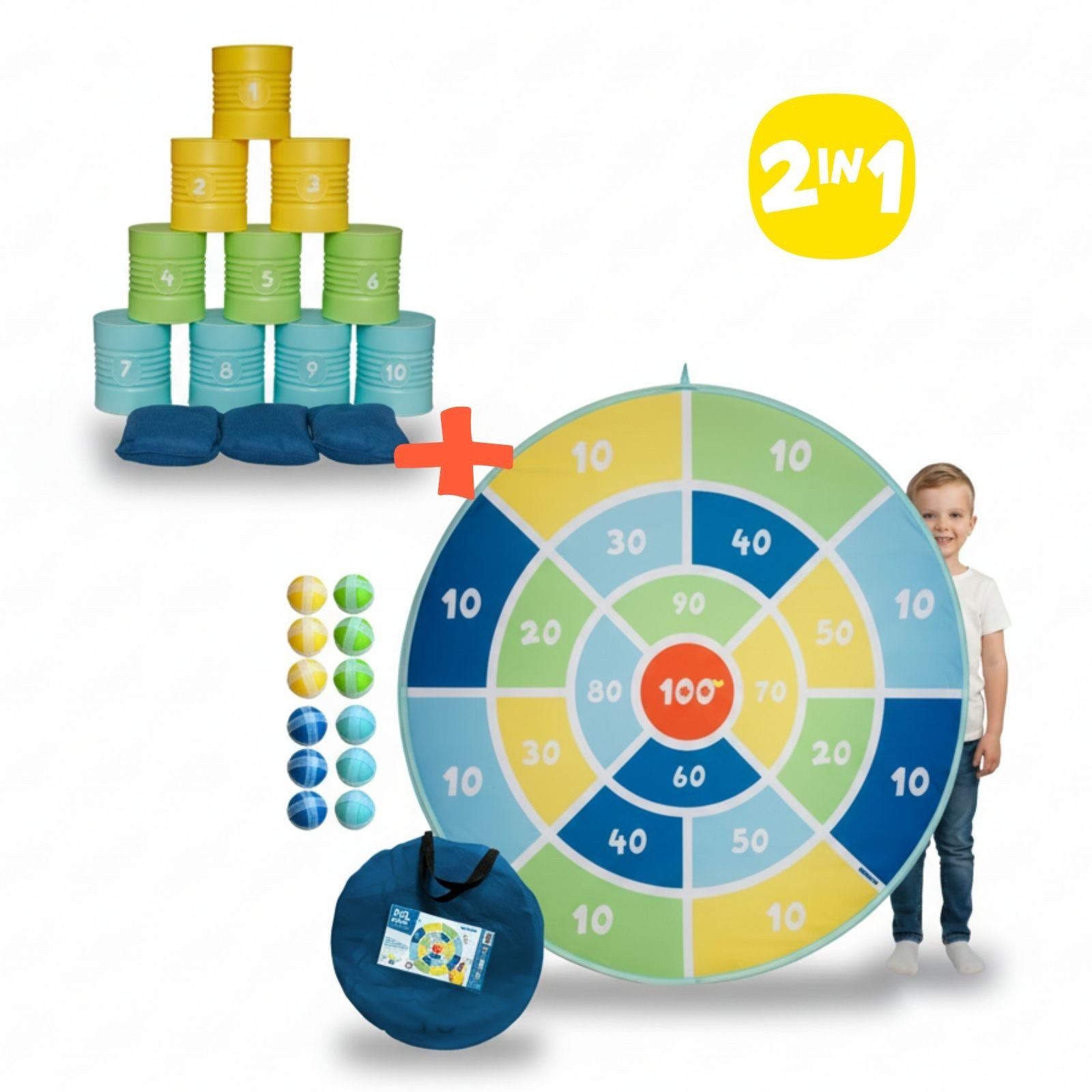 alldoro Spiel Wurfspiel Set für Kinder - Dosenwerfen & XXL Klett-Dartspiel Ø 142 cm, Dosenwurf & Riesen-Dartscheibe, für Kindergeburtstag, indoor & outdoor