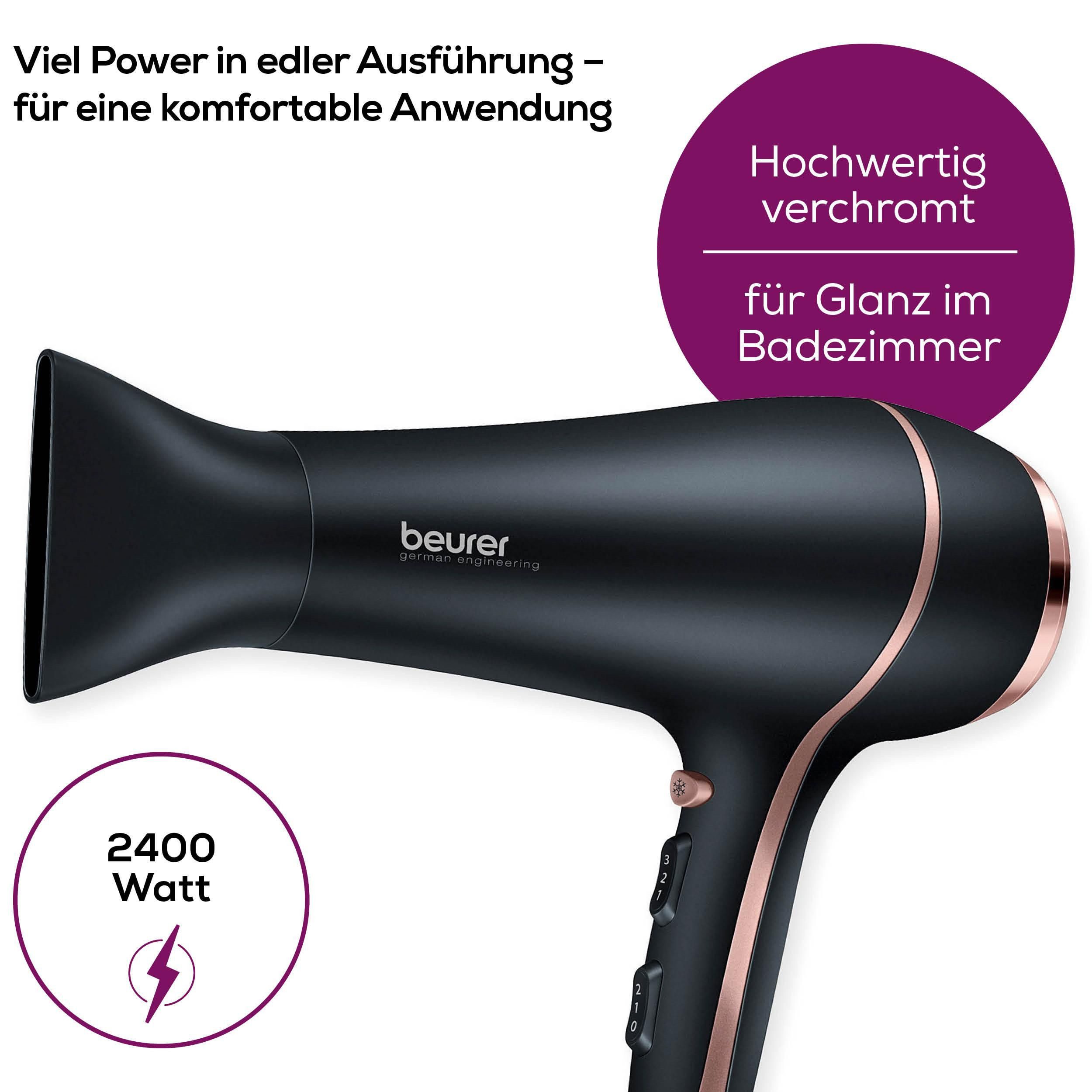 BEURER Haartrockner HC 30 hochwertig verchromter Föhn mit extra starker Leistung, 2200 W, Fixierung des Stylings dank Kaltluftstufe schwarz