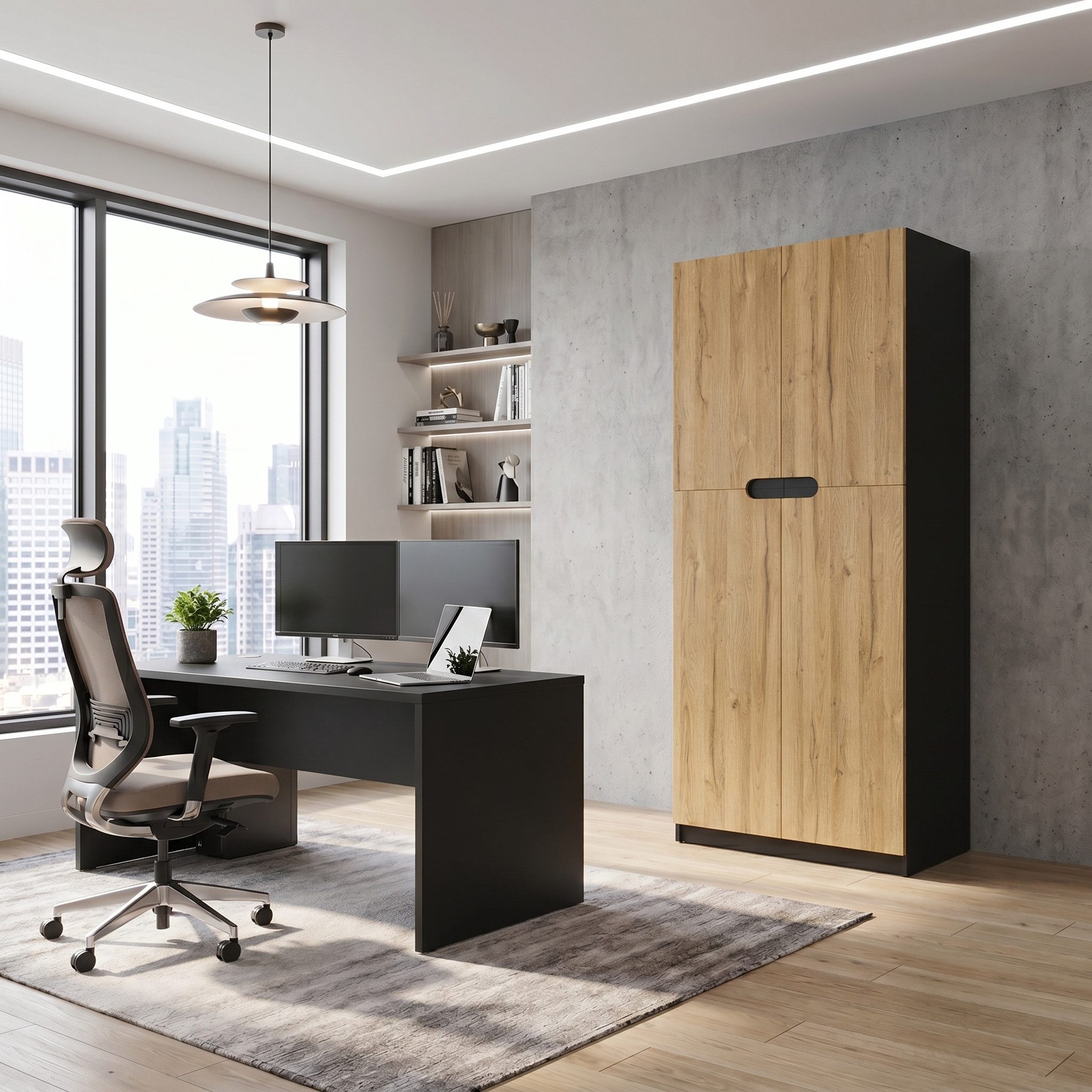 Vladon Aktenschrank Logan (Aktenschrank, mit 5 Fächern und 4 Türen) Schwarz matt/Eiche Natur (82 x 184 x 37 cm)