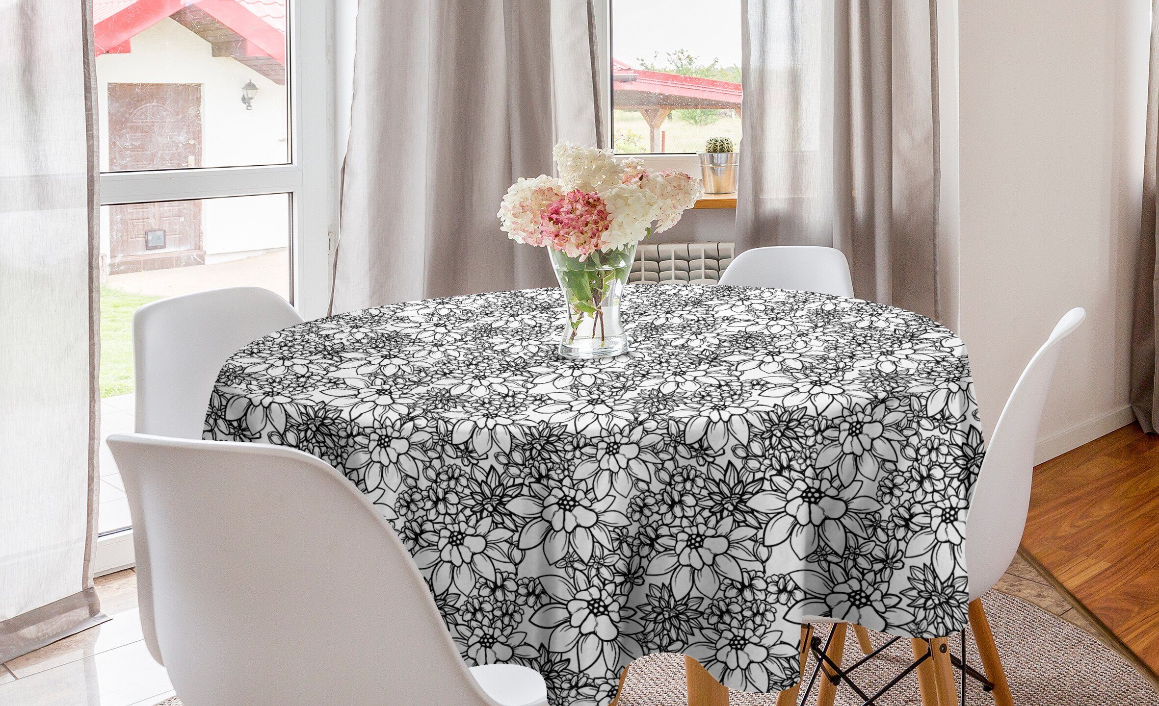 monotone Küche Tischdecke Abdeckung für Esszimmer Kreis Graphical Abakuhaus Dekoration, Tischdecke Blumenweinlese