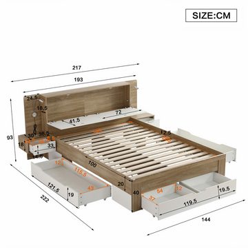 HAUSS SPLOE Holzbett 140x200cm mit 2 LED Nachtkommoden, Schubladen, Weiß + Eichefarbe, Kopfteil mit Stauraum