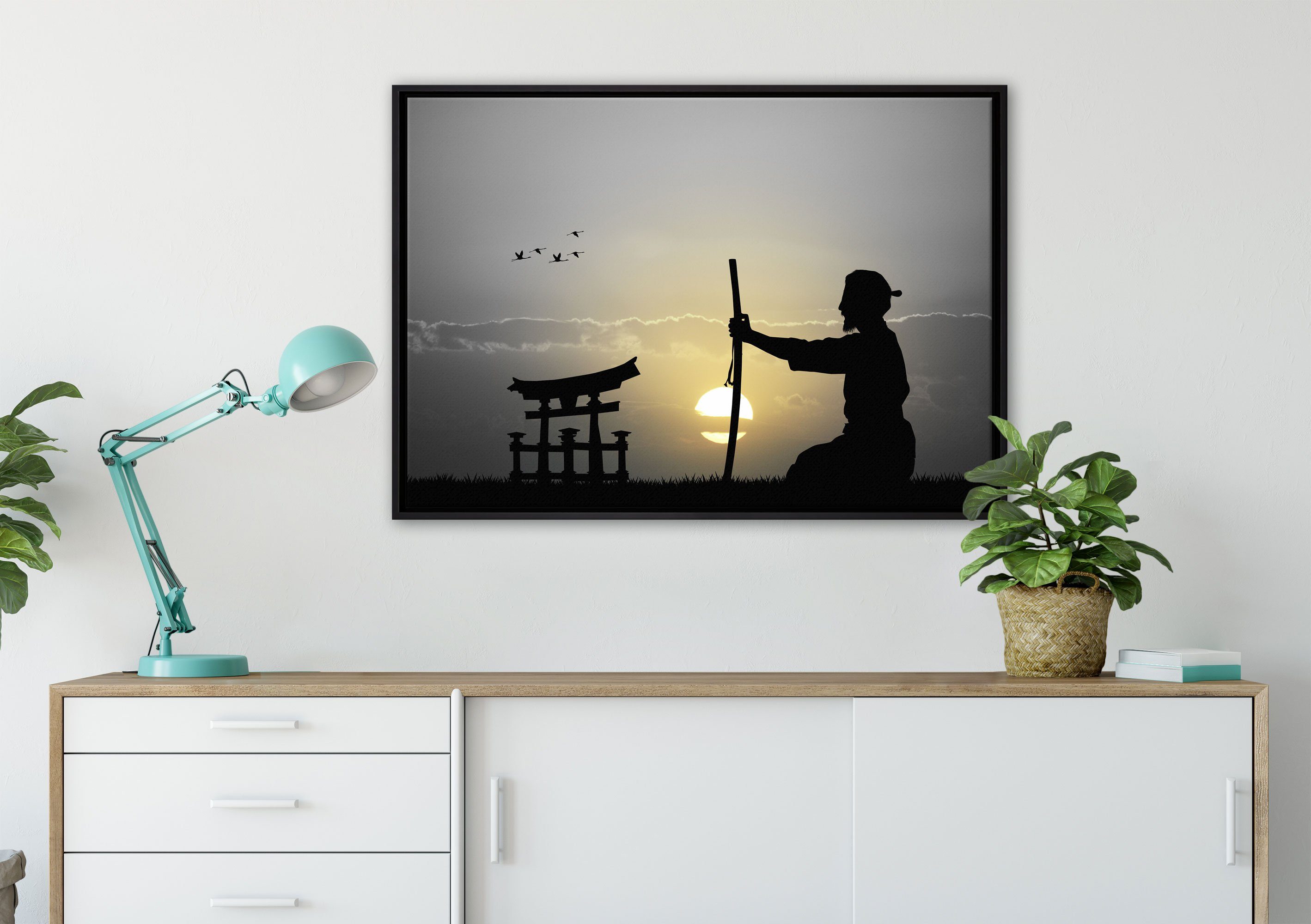 Leinwandbild St), (1 Horizont, gefasst, inkl. Leinwandbild Wanddekoration vor Pixxprint in bespannt, einem fertig Schattenfugen-Bilderrahmen Samurai-Meister Zackenaufhänger