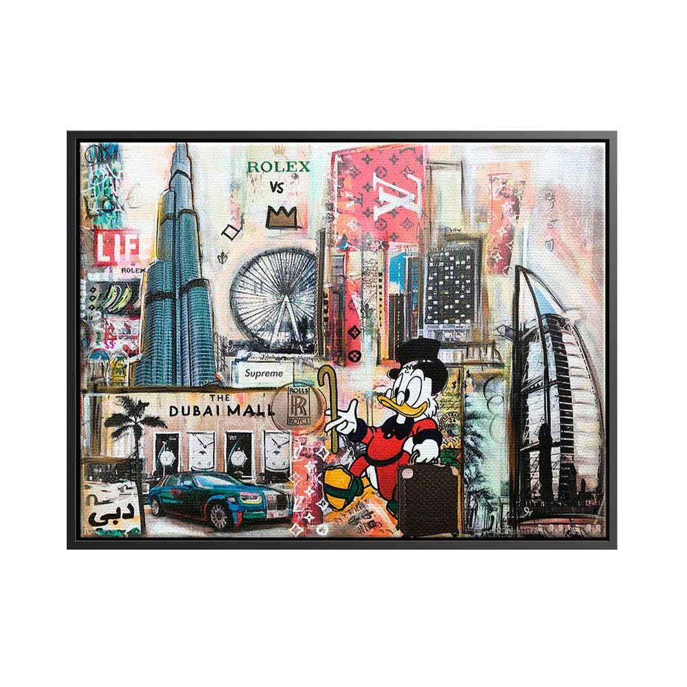 DOTCOMCANVAS® Leinwandbild Dagobert in Dubai, Dagobert Duck Leinwandbild quer Dubai Skyline Comic Pop Art Collage schwarzer Rahmen