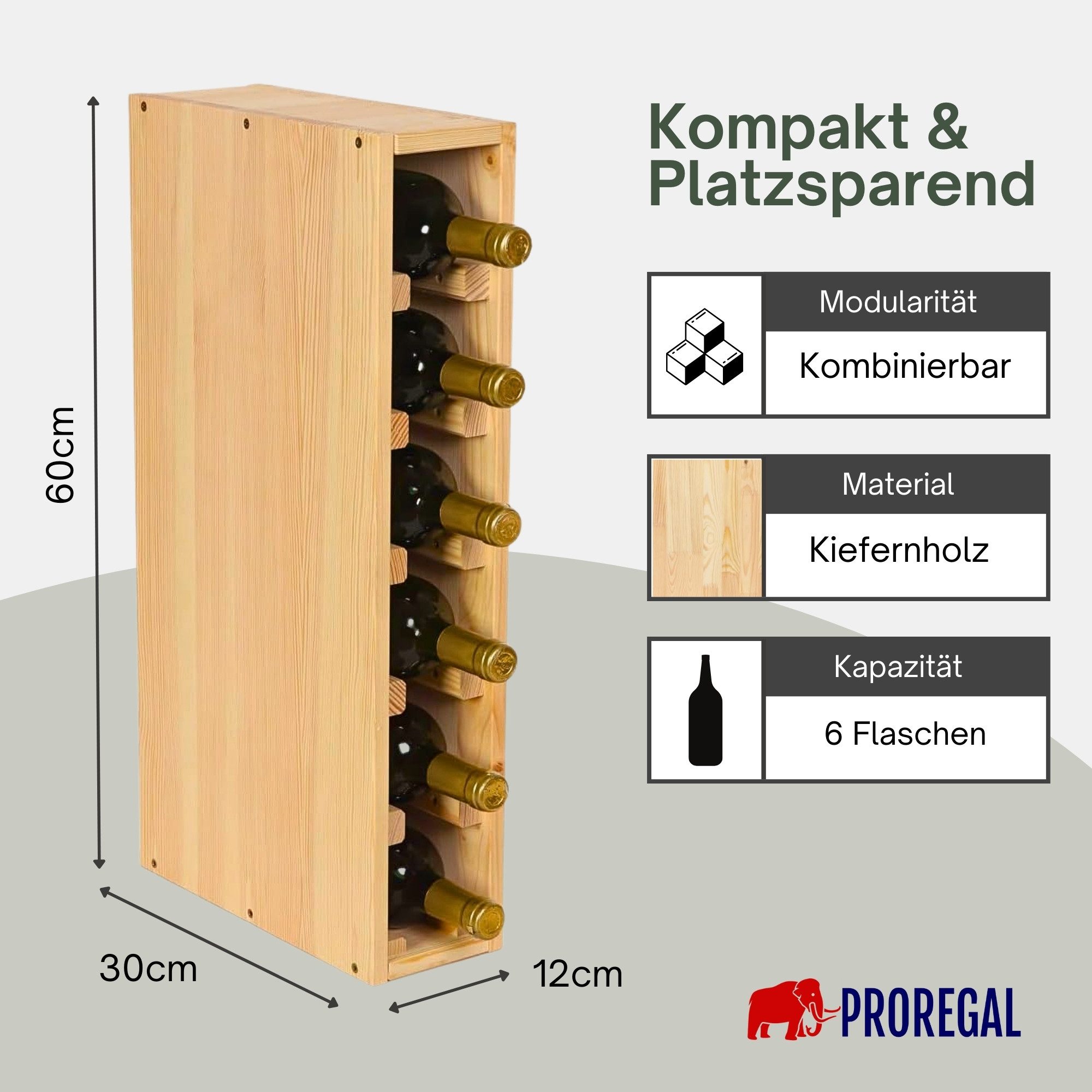 PROREGAL® Weinregal VINCELLAR MOD Flaschenregal Modulares System Massivholz, Weinständer Massivholz Stapelbar Weinschrank Küche Vorratsraum Keller