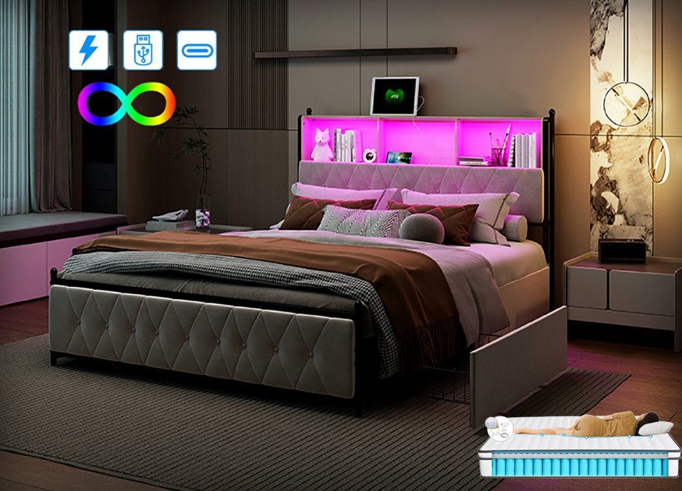 FUROKOY Polsterbett Doppelbett Stauraumbett mit USB+Type günstig online kaufen