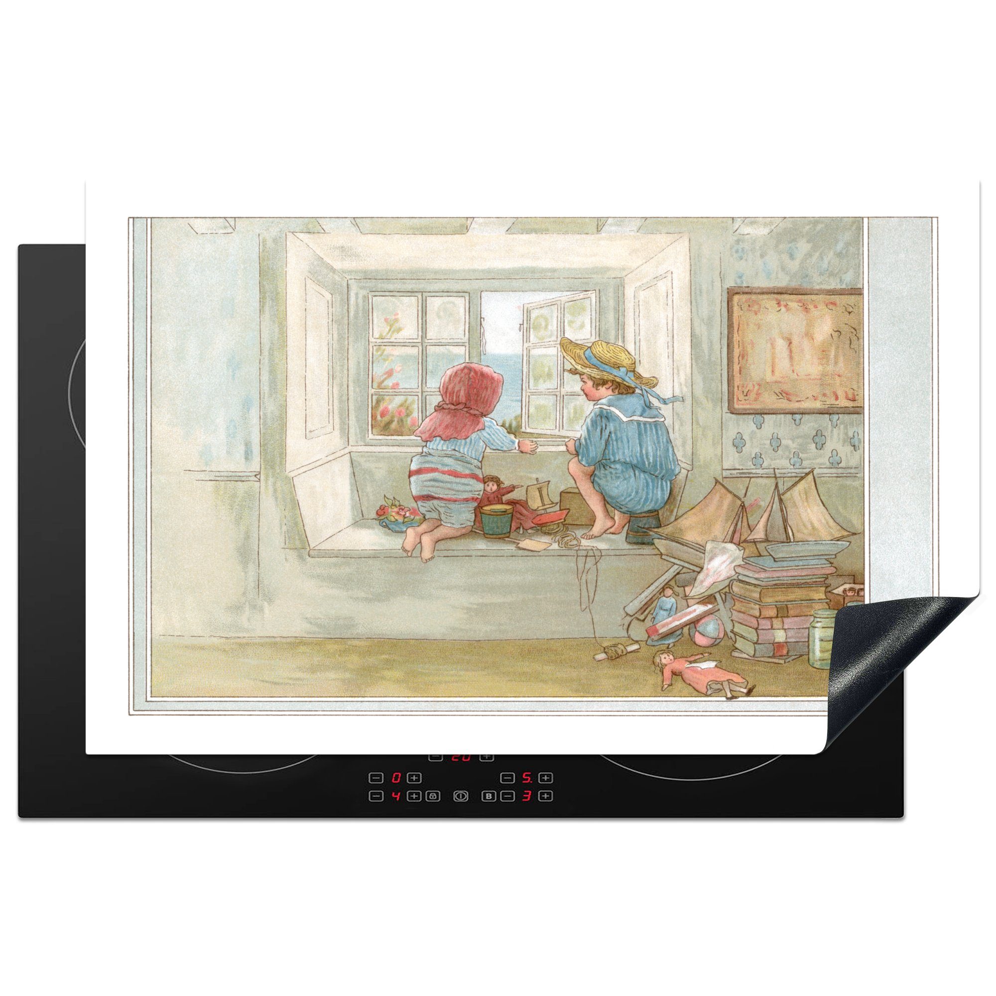 MuchoWow Herdblende-/Abdeckplatte Illustration eines antiken Kinderzimmers, Vinyl, (1 tlg), 81x52 cm, Induktionskochfeld Schutz für die küche, Ceranfeldabdeckung