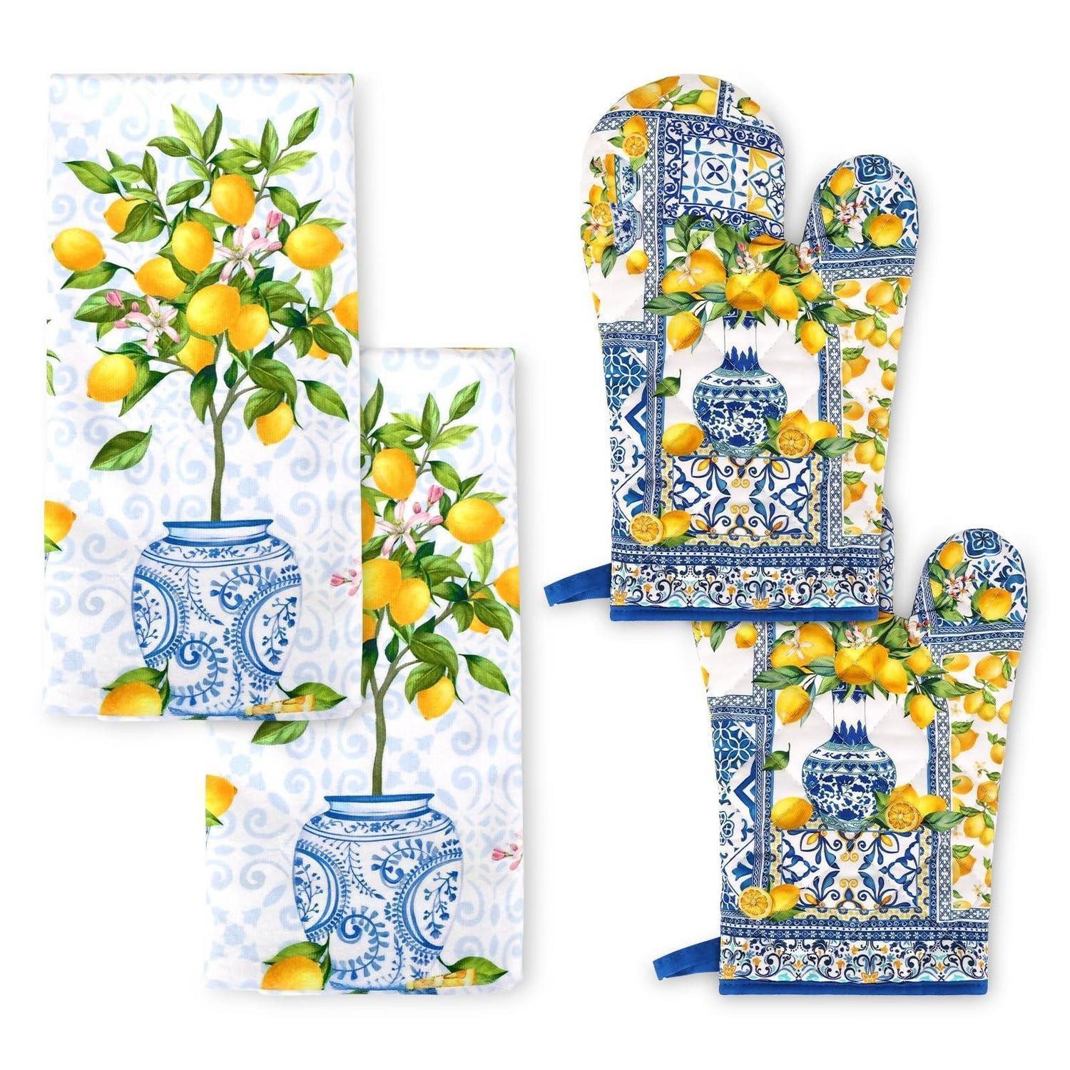 LuxusKollektion Topflappen Ofenhandschuh & Topflappen 4er Set Zitronen Baumwolle