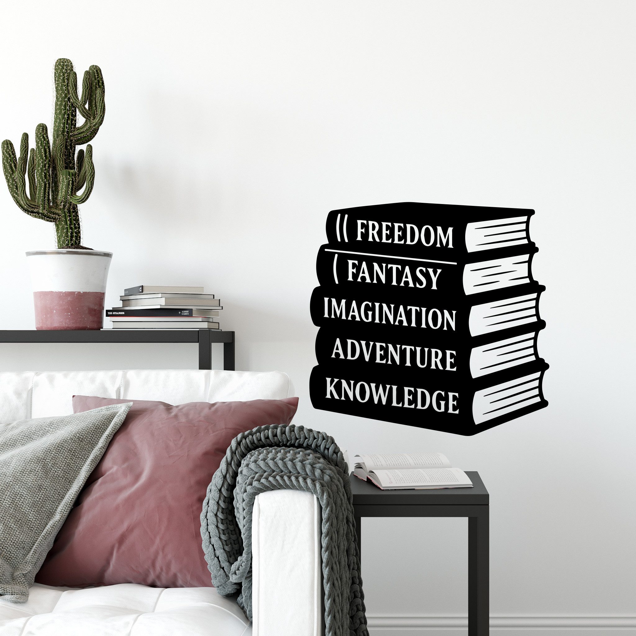 Sunnywall Wandspruch Wandtattoo Bücherstapel Buch – Freedom, Fantasy, Adventure, selbstklebend, konturgeschnitten, rückstandslos entfernbar