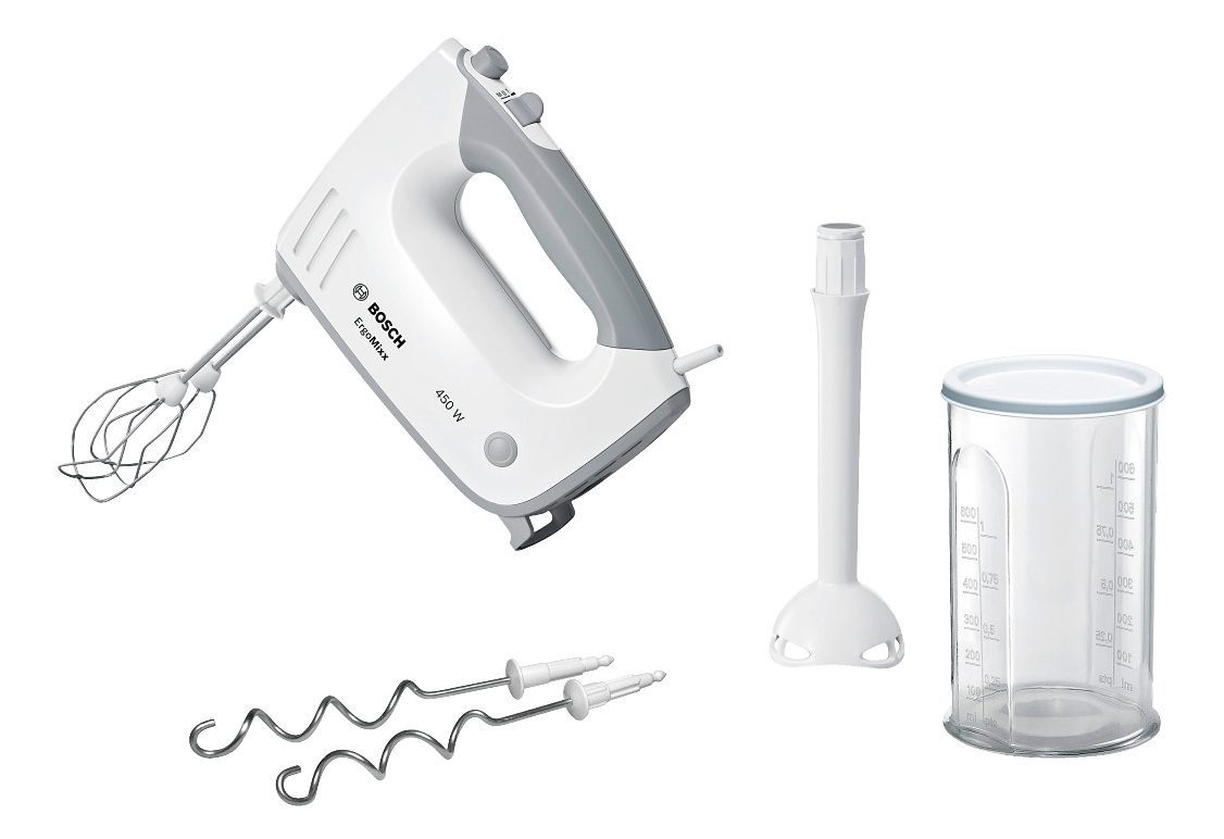 BOSCH Handmixer ErgoMixx MFQ36440, 450 W, 2 Rührbesen, 2 Edelstahl-Knethaken, Pürierstab, Becher