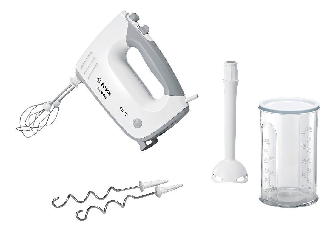 BOSCH Handmixer ErgoMixx MFQ36440, Edelst. Rührbesen/Knethaken, 5 Stufen, Mixfuß, weiß, 450 W, Mixbecher, ergonom. Soft-Touch-Griff, Made in Europe