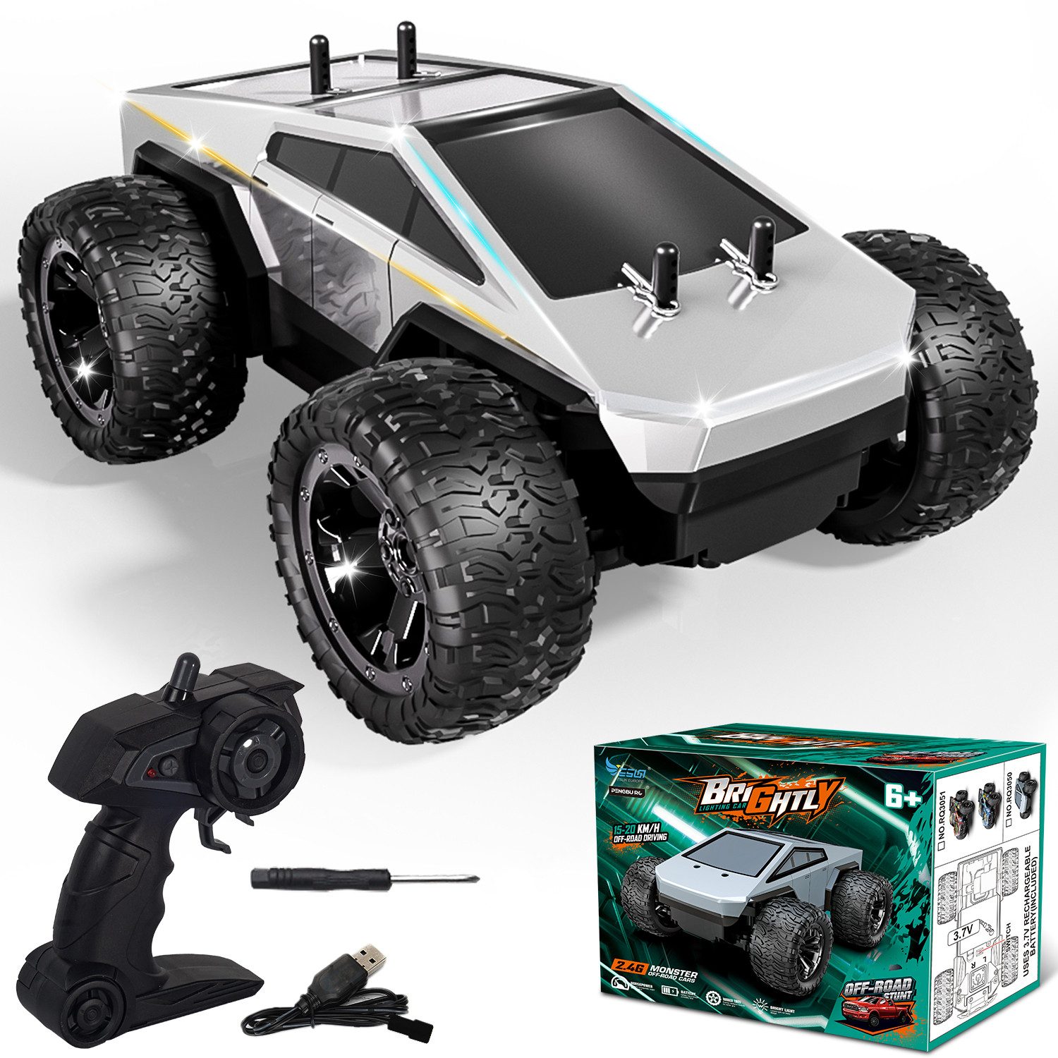 Esun RC-Auto Monster Truck Ferngesteuert, 2,4 GHz 1:18 RC Monstertruck mit LED (Set, Komplettset), Perfekt Geschenk für Jungen, Mädchen ab 3 4 Jahre.