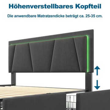 UISEBRT Polsterbett mit LED-Beleuchtung, 2 Schubladen, Einzelbett 90x200cm