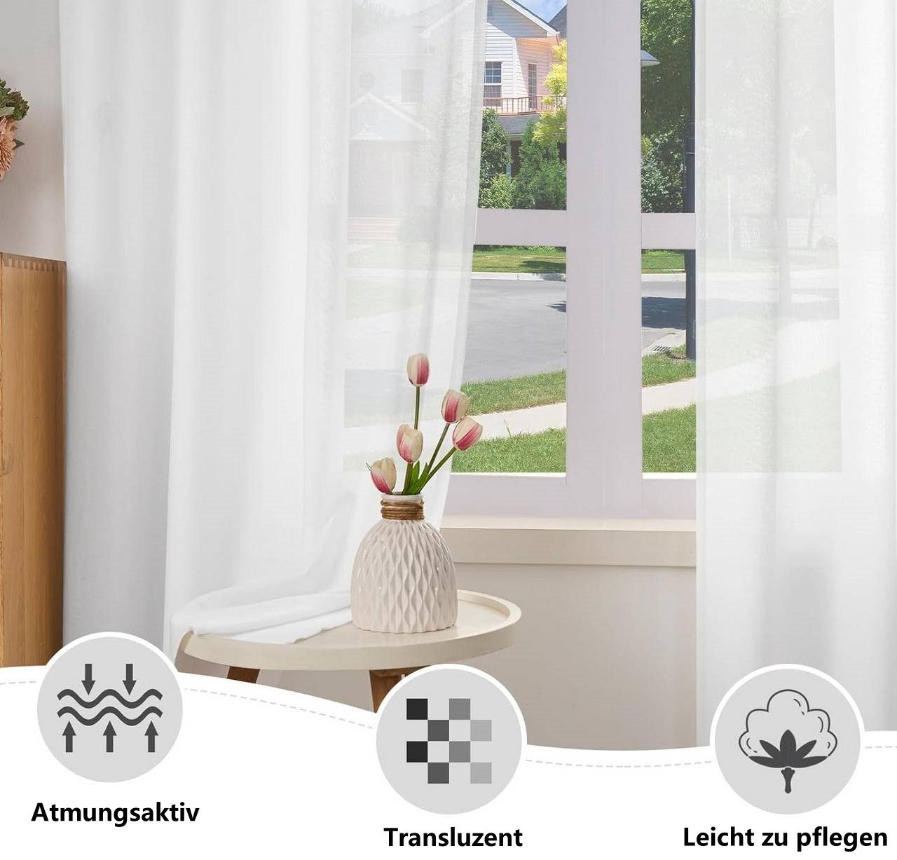 Woltu Gardine (2 St), Kräuselband, halbtransparent, Vorhänge Leinenoptik