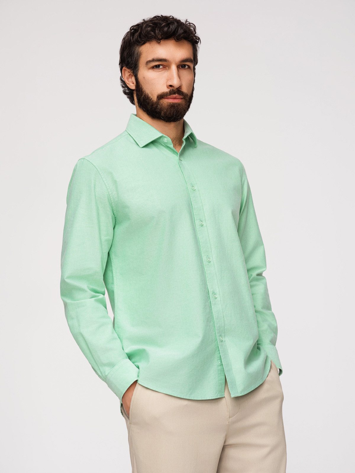 OMBRE Langarmhemd Herren Oxford Langarmhemd Regular Fit Light mint M (kein Set, 1-tlg) Melange-Oberfläche