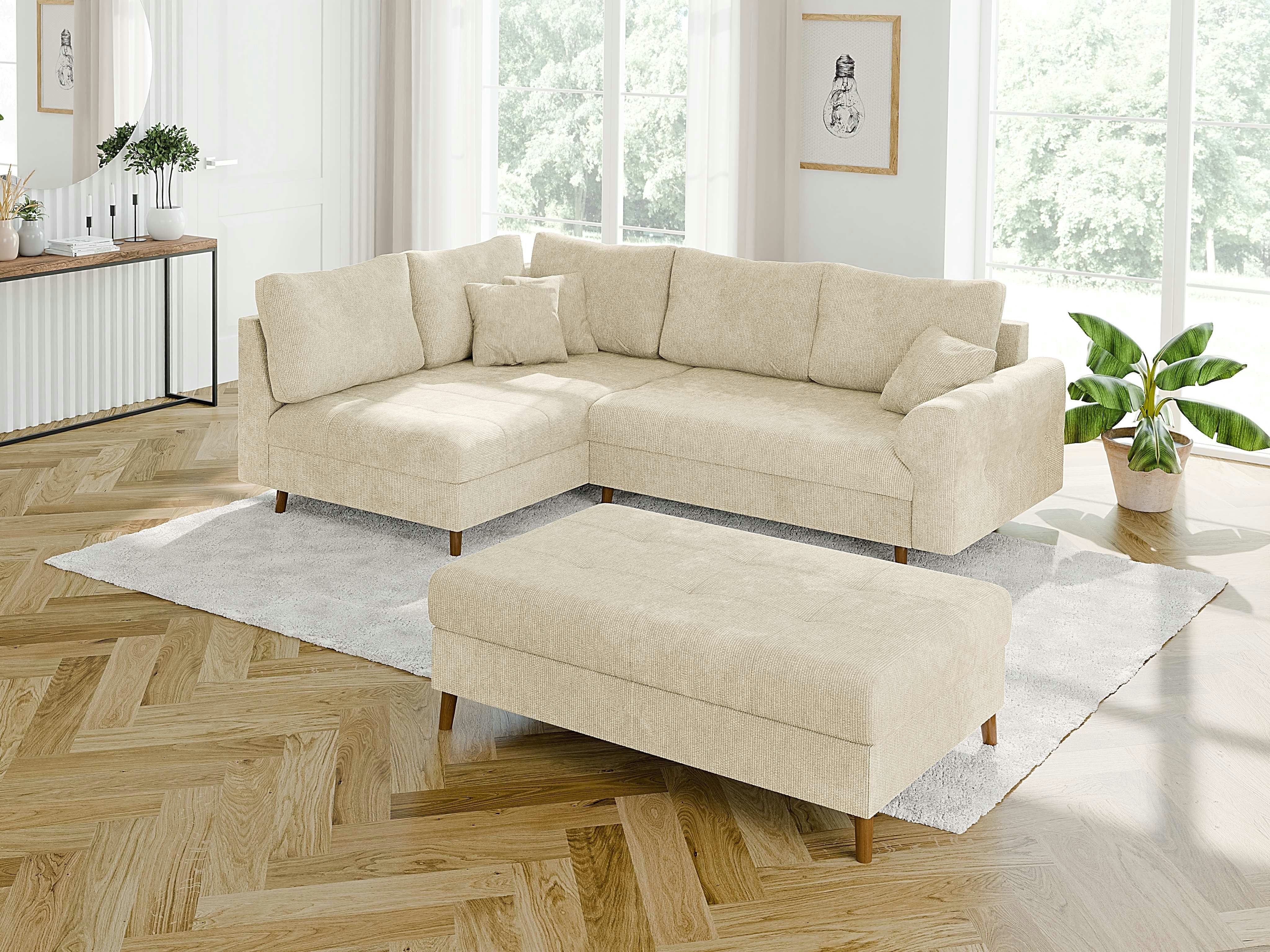 S-Style Möbel Ecksofa mit Schlaffunktion und Hocker Kristian aus Chenille-Stoff, Ottomane links oder rechts bestellbar. Schlaffunktion in Kombination mit Hocker möglich., mit Wellenfederung