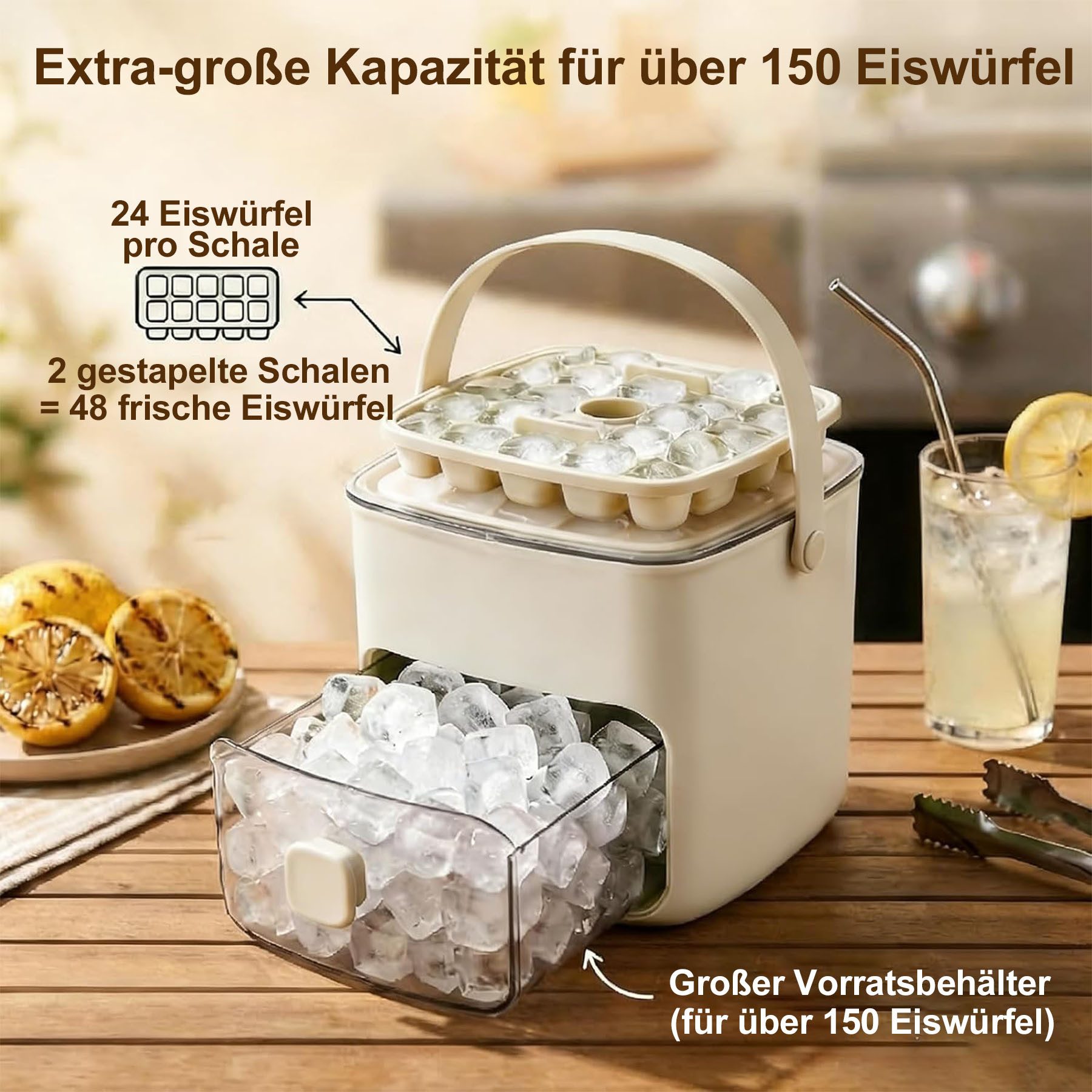 Mutig Eiswürfelform Eiswürfelbehälter mit Deckel,48 Eiswürfel,mit 2 Tablett,1 Eiszange, (Eiswürfelform Silikon,Kann bis zu 150 Eiswürfel aufbewahren), Einfaches Drücken Eiswürfel,Sommer Eisbereiter,Cocktail, Kaffee