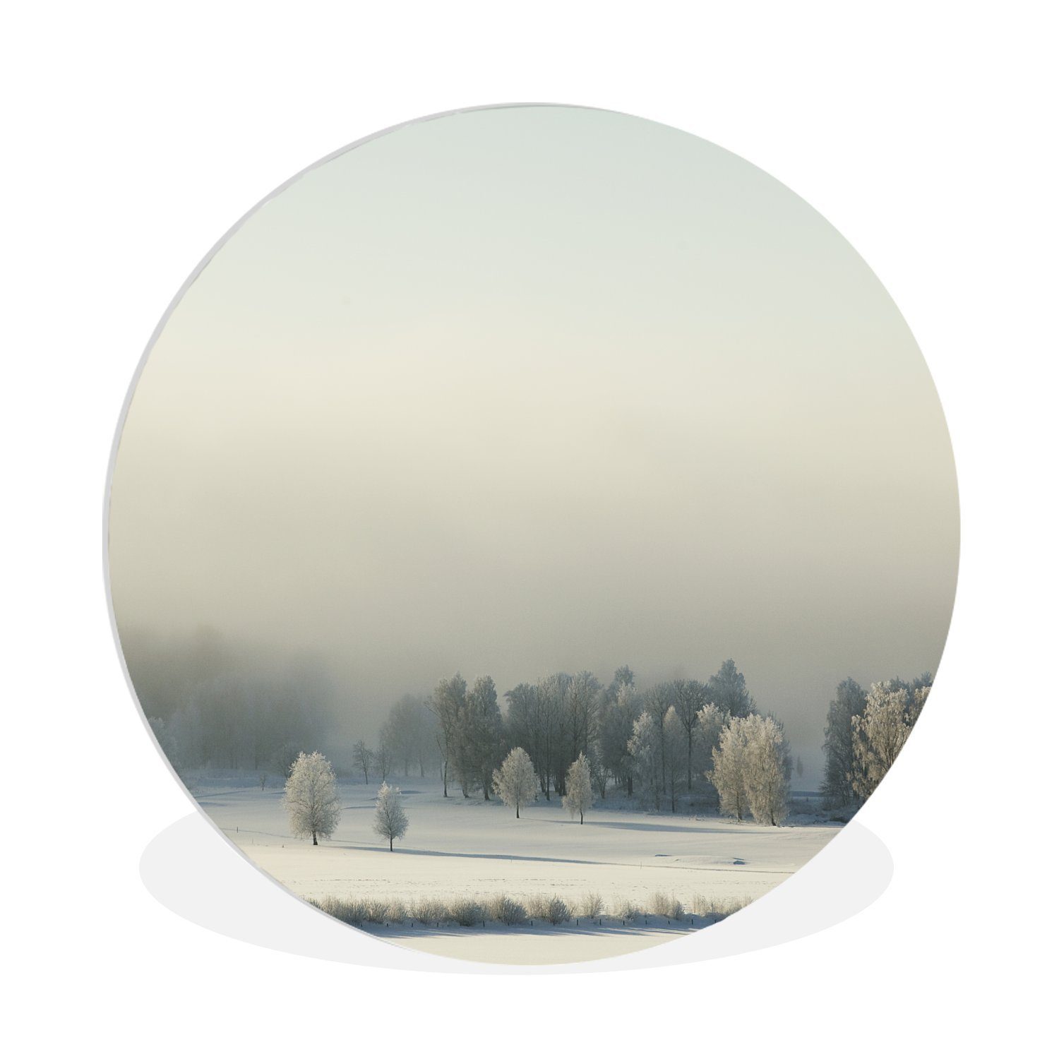 MuchoWow Gemälde Blick auf eine Winterlandschaft an einem nebligen Tag in Schweden, (1 St), Kreis Wanddekoration Forex, Rundes Wandbild, Wohnzimmer, 30x30 cm