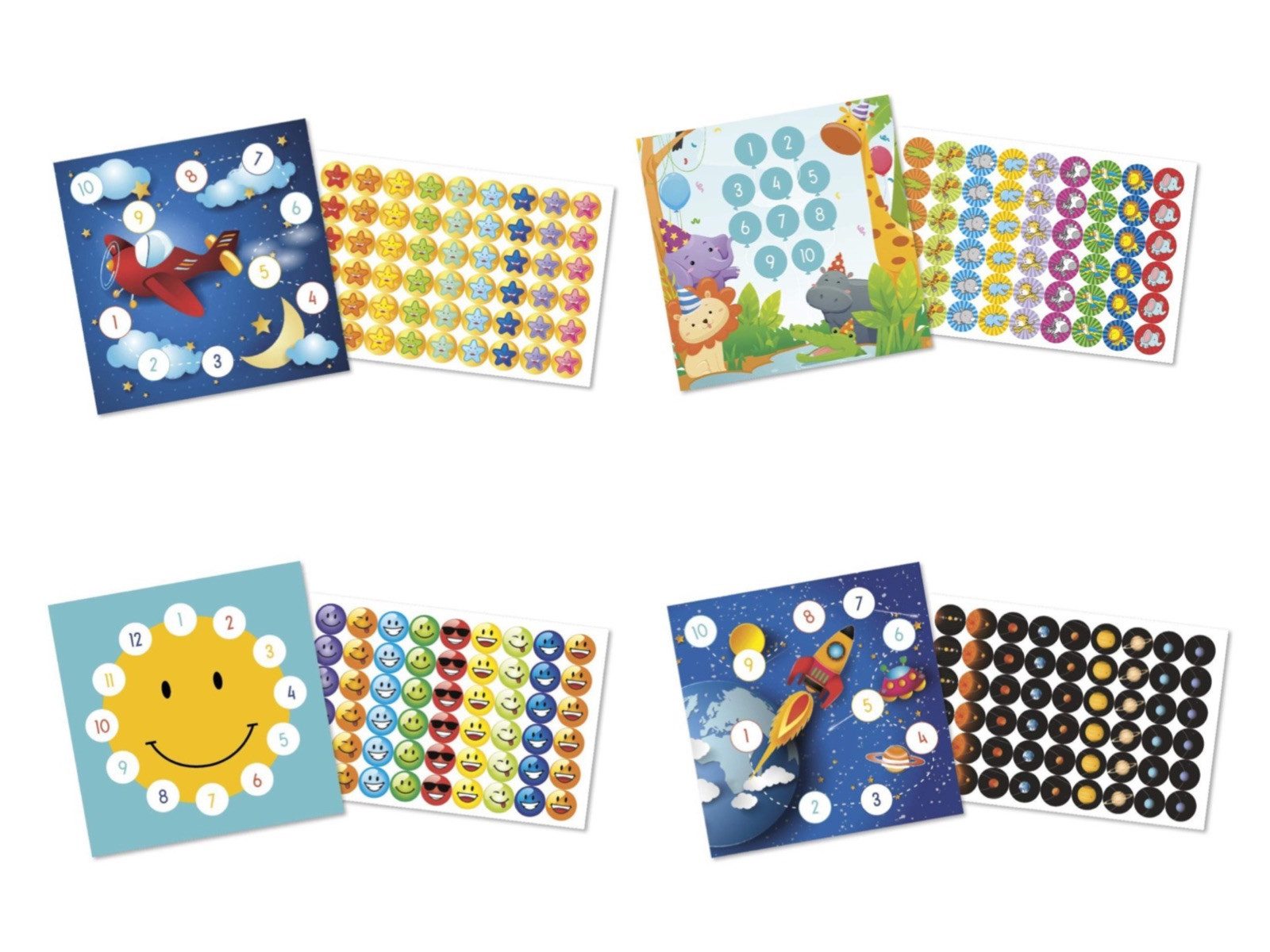 Sticker Belohnungsset Flugzeug + Sonne + Partytiere + Weltraum mit Aufklebern