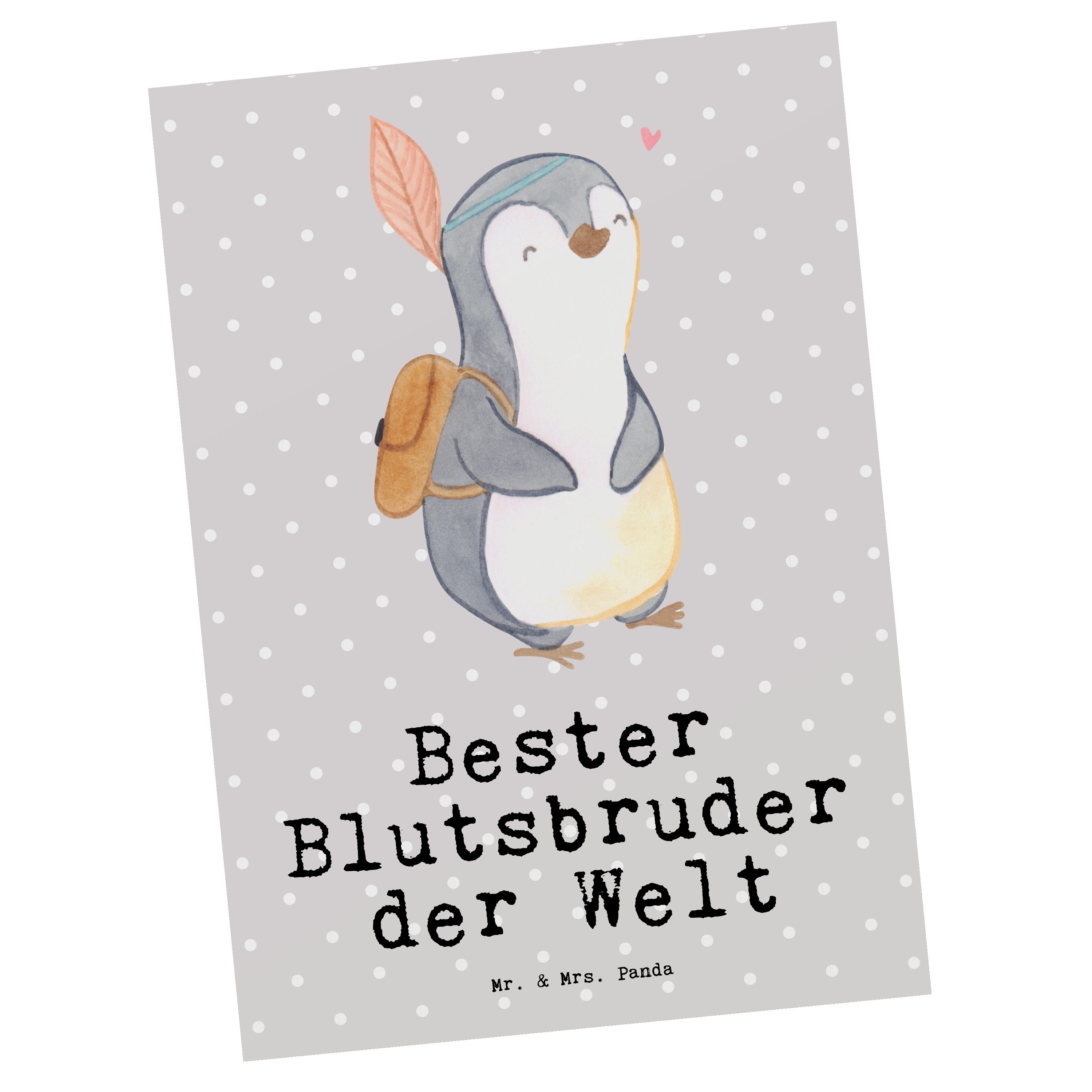 Mr. & Mrs. Panda Postkarte Pinguin Bester Blutsbruder der Welt - Grau Pastell - Geschenk, Ansich