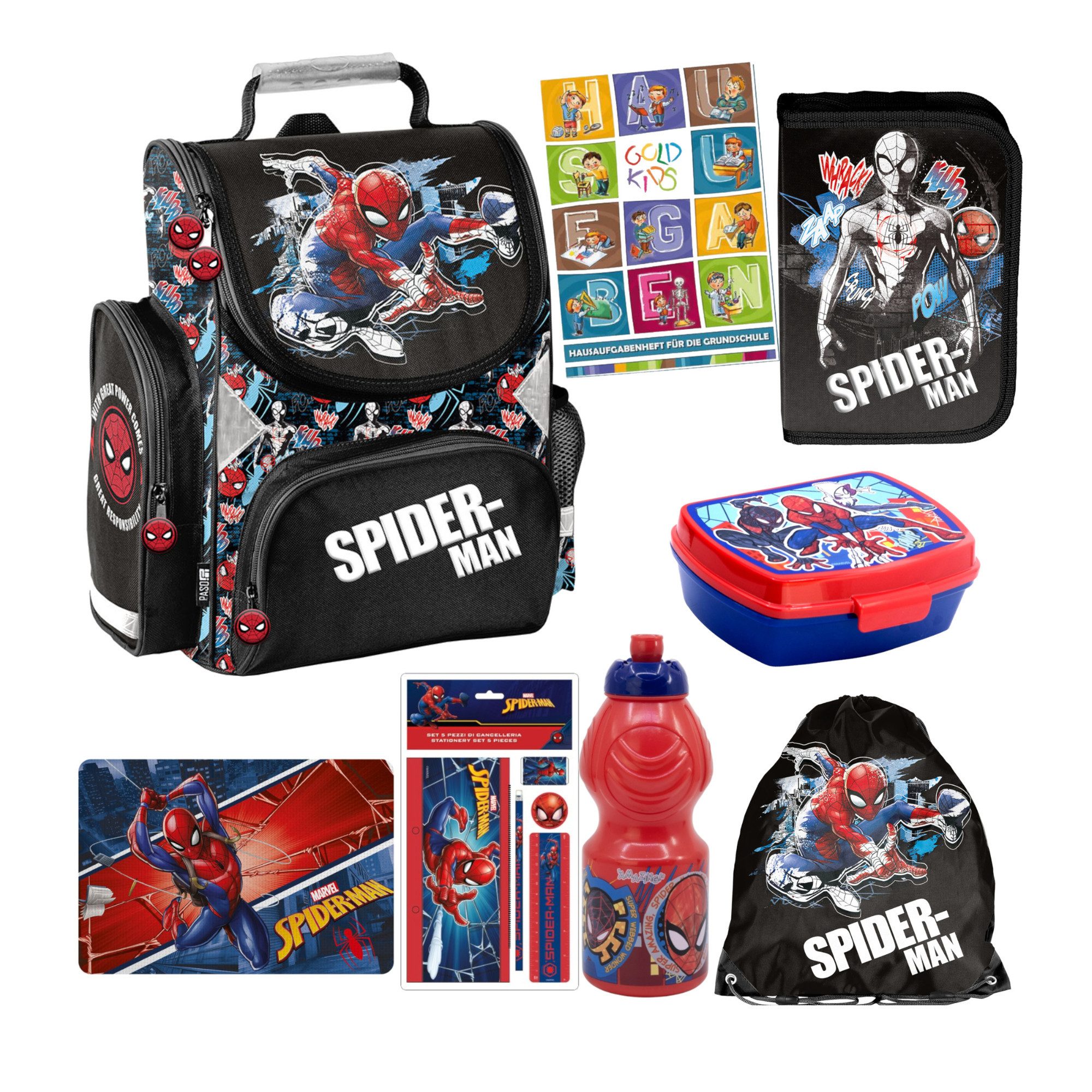 GOLDKIDS Schulranzen für Jungen 8er-Set - (Schul-Rucksack für Kinder mit Federmäppchen, 1-tlg., - Schuhbeutel Brotdose und Trinkflasche), - Spiderman Motiv - 1-3 Klasse