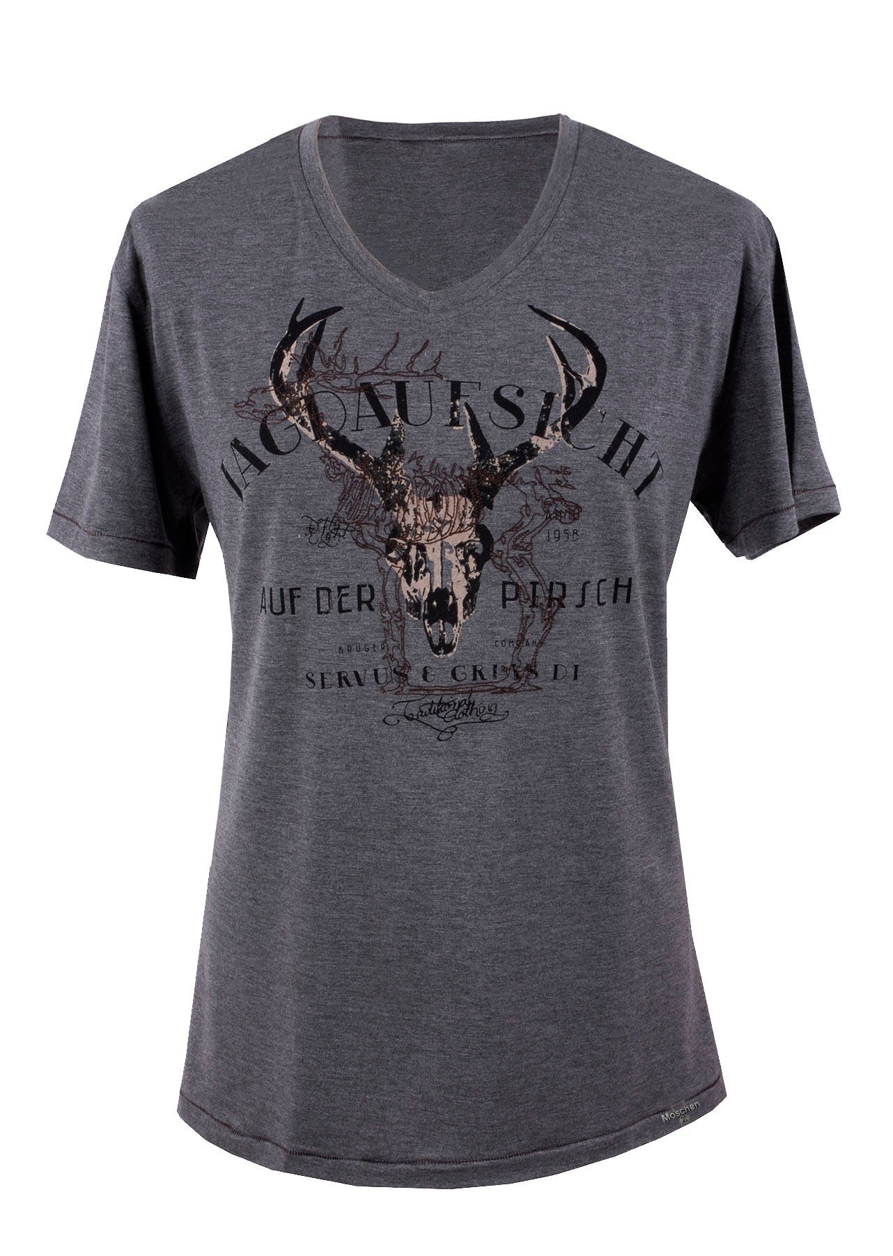 Trachtenshirt Trachtenshirt Herren Shirt zur Lederhose T-Shirt mit Hirsch -Trachten-T-Shirt Kurzarm Grau