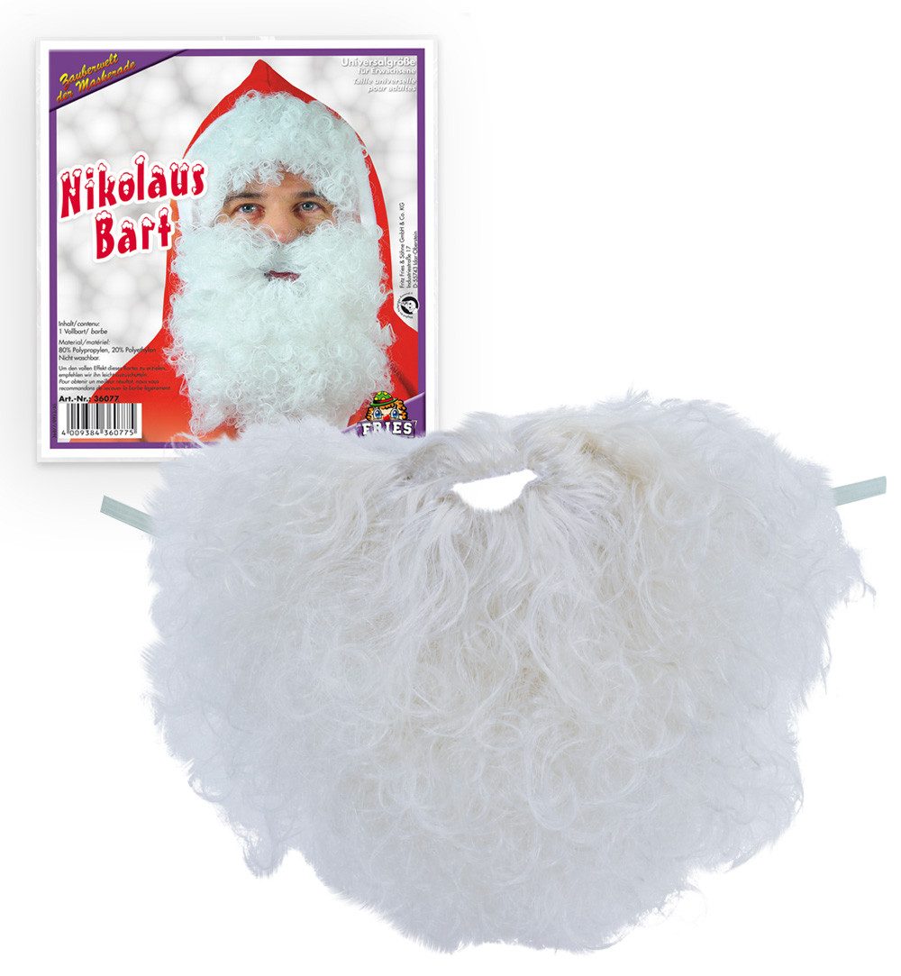 Fries Kostüm-Perücke Nikolausbart Vollbart Bart weiß mit Gummizug Karneval Weihnachten, Nikolausbart mit Gummizug
