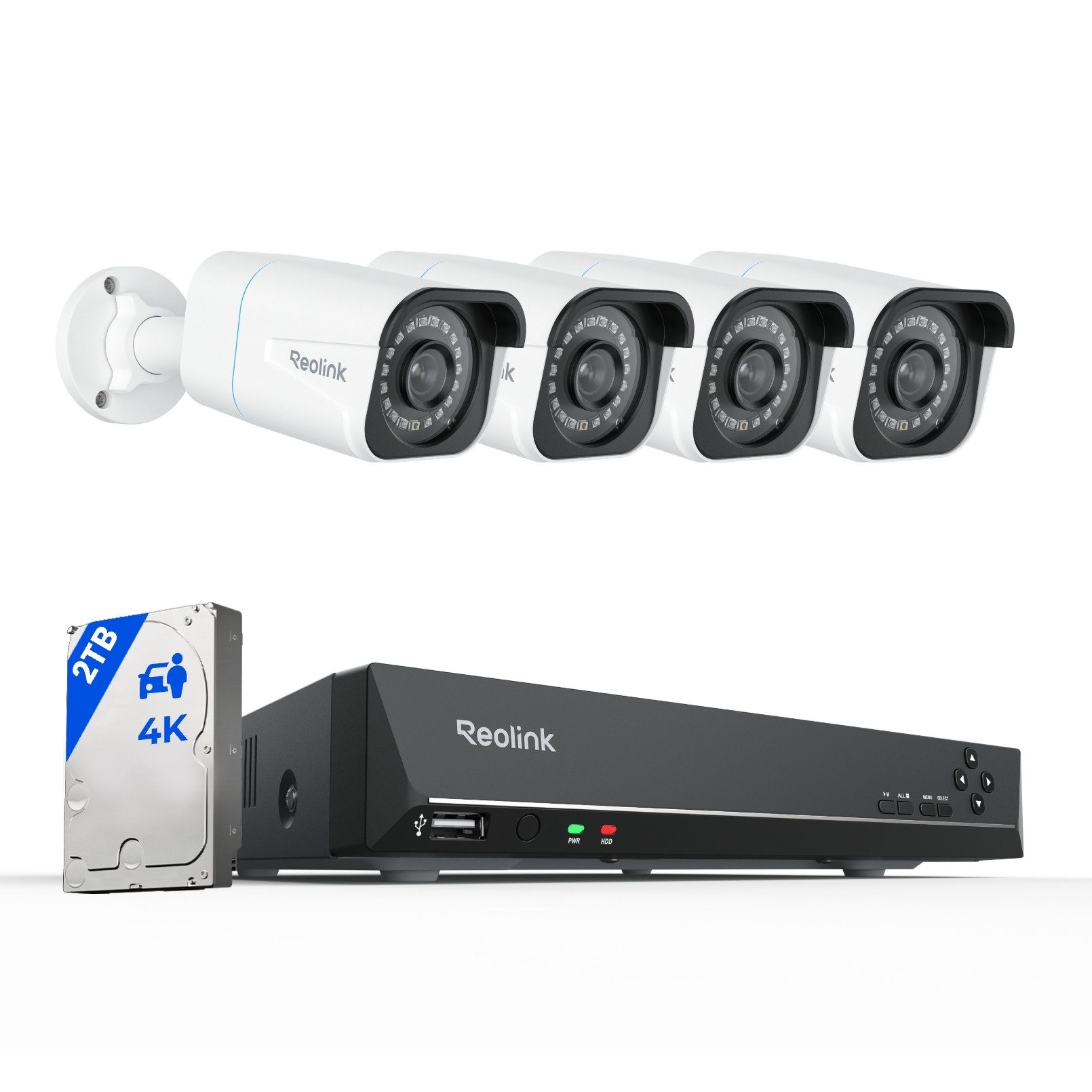 Reolink Überwachungskamera 4K PoE Überwachungskamera Set RLK8-810B4-A (AuBenbereich, Innenbereich, 8CH 2TB HDD NVR,4X PoE IP Kamera, Personen-/Fahrzeug-/Tiererkennung)