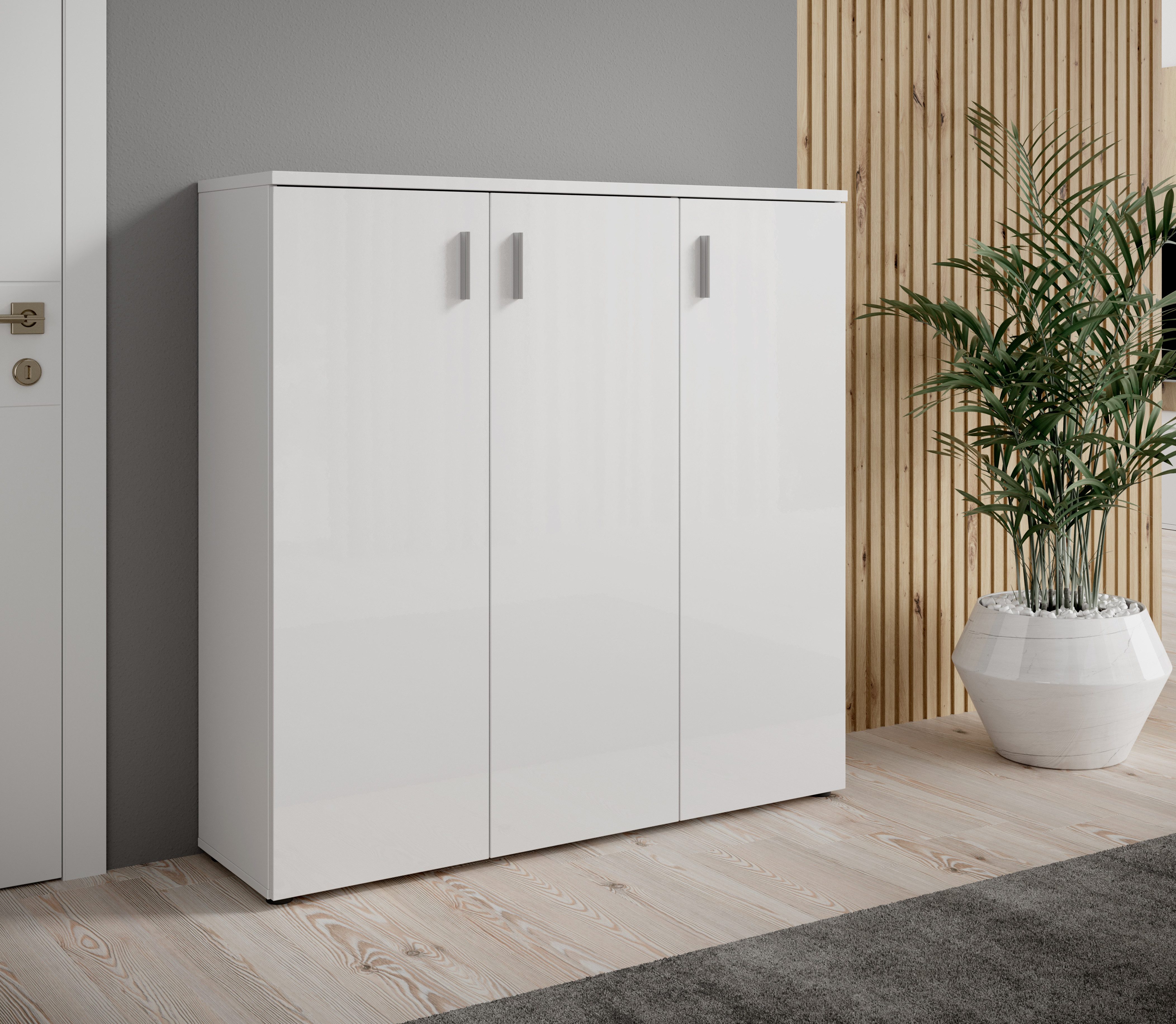 HBZ Schuhschrank Lincoln weiß Glanz, BxHxT 120x120x35 cm (1-St) Schuhschrank mit 3 Türen, 8 Einlegeböden verstellbar, 2 feste Böden