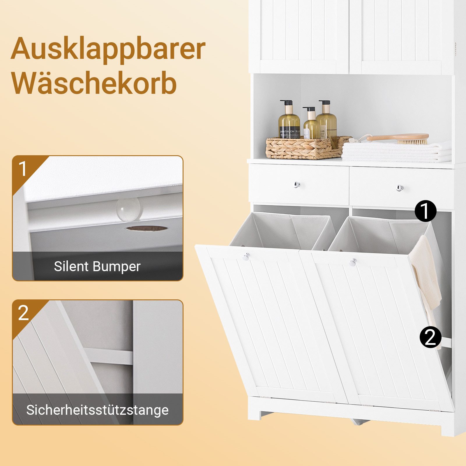SoBuy Badkommode BZR215, Badezimmerschrank Badschrank Aufbewahrungsschrank Badmöbel, Wäscheschrank mit 2 Wäschekörben, verstellbaren Ablagen, Schublade