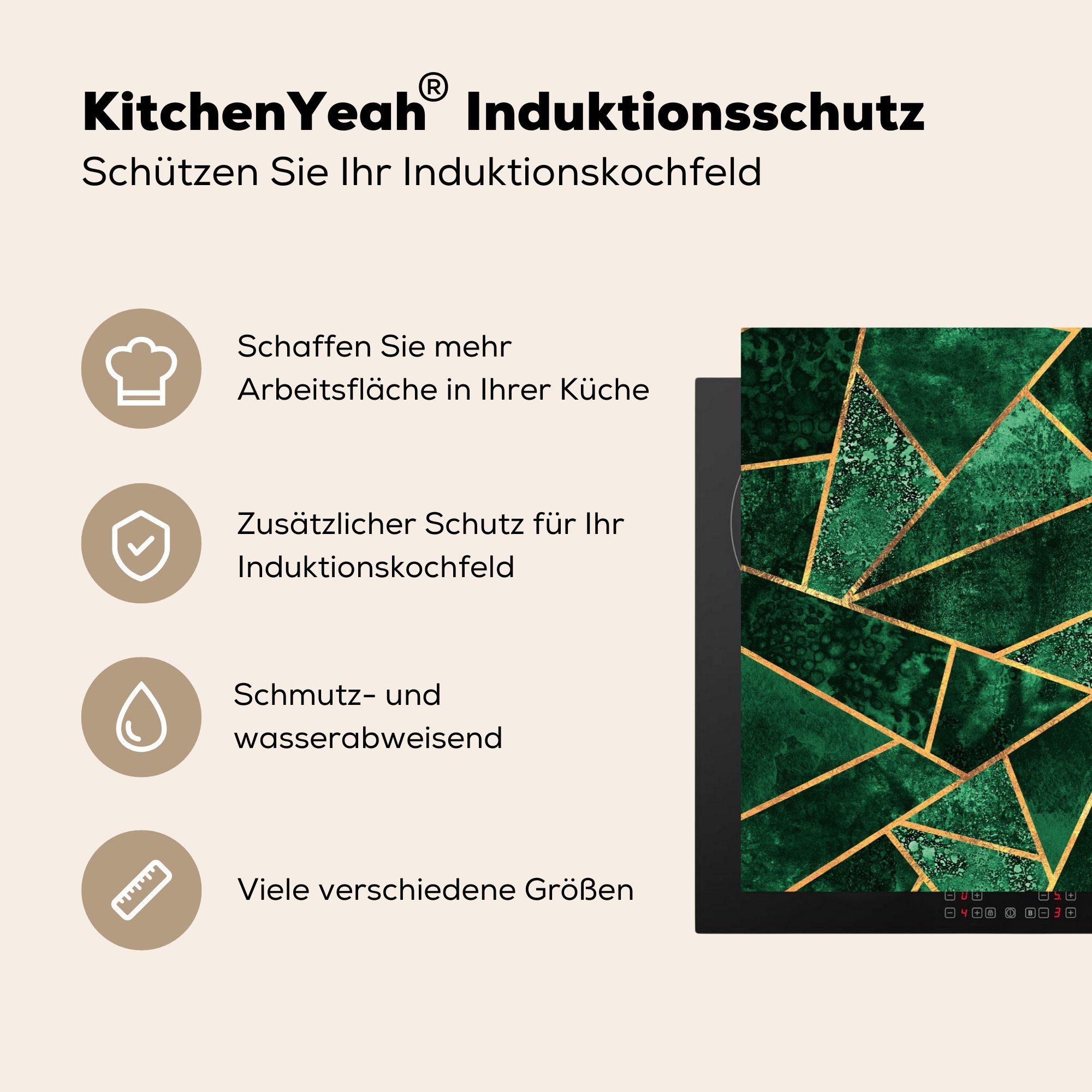 MuchoWow Herdblende-/Abdeckplatte Smaragd - Muster, für Ceranfeldabdeckung Vinyl, (1 - cm, küche, Abstrakt Induktionskochfeld die tlg), Schutz 81x52 Gold 