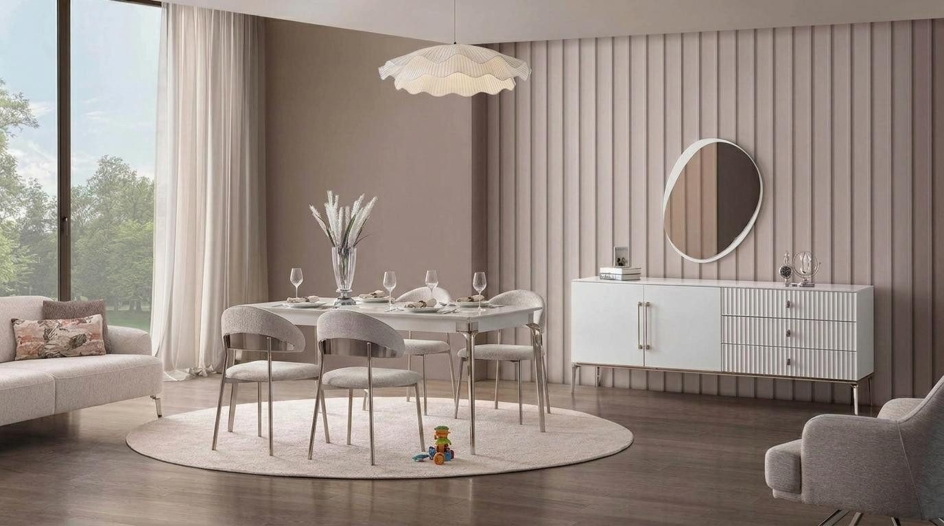 JVmoebel Esszimmer-Set Esstisch 4x Stühle Sideboard Spiegel Modern Weiß Elegant, (7-St), Made in Europa