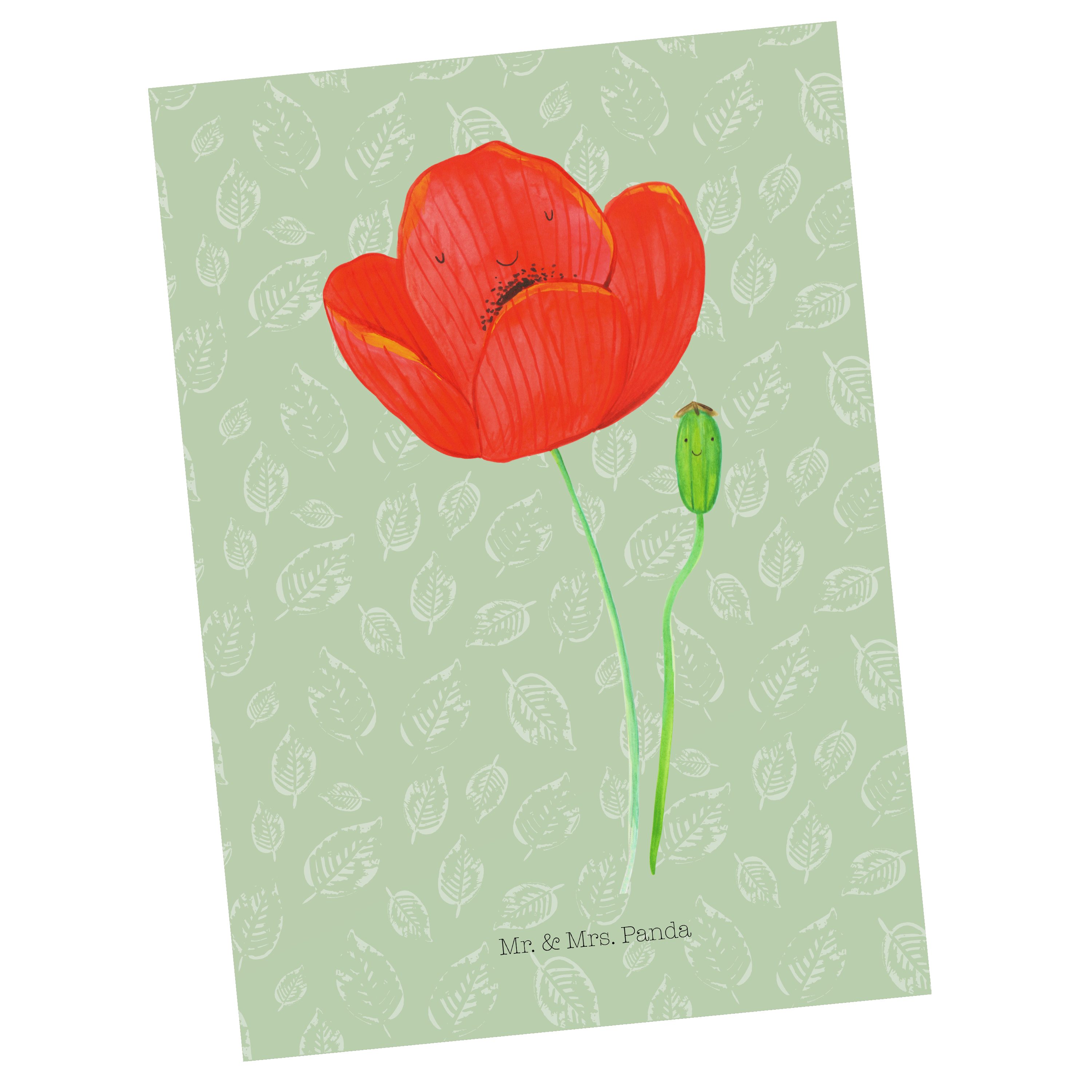 Mr. & Mrs. Panda Postkarte Mohnblume - Blattgrün - Geschenk, Dankeskarte, Einladung, Pflanzen, R