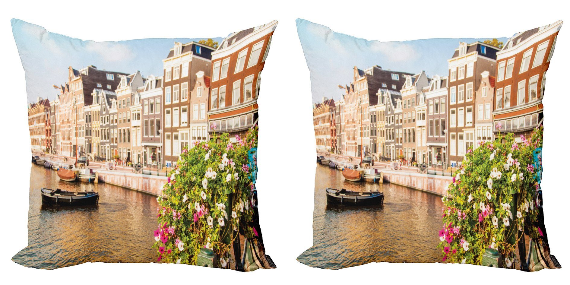 Kissenbezüge Modern Accent Doppelseitiger Digitaldruck, Abakuhaus (2 Stück), Stadt Alte Häuser Amsterdam Abend