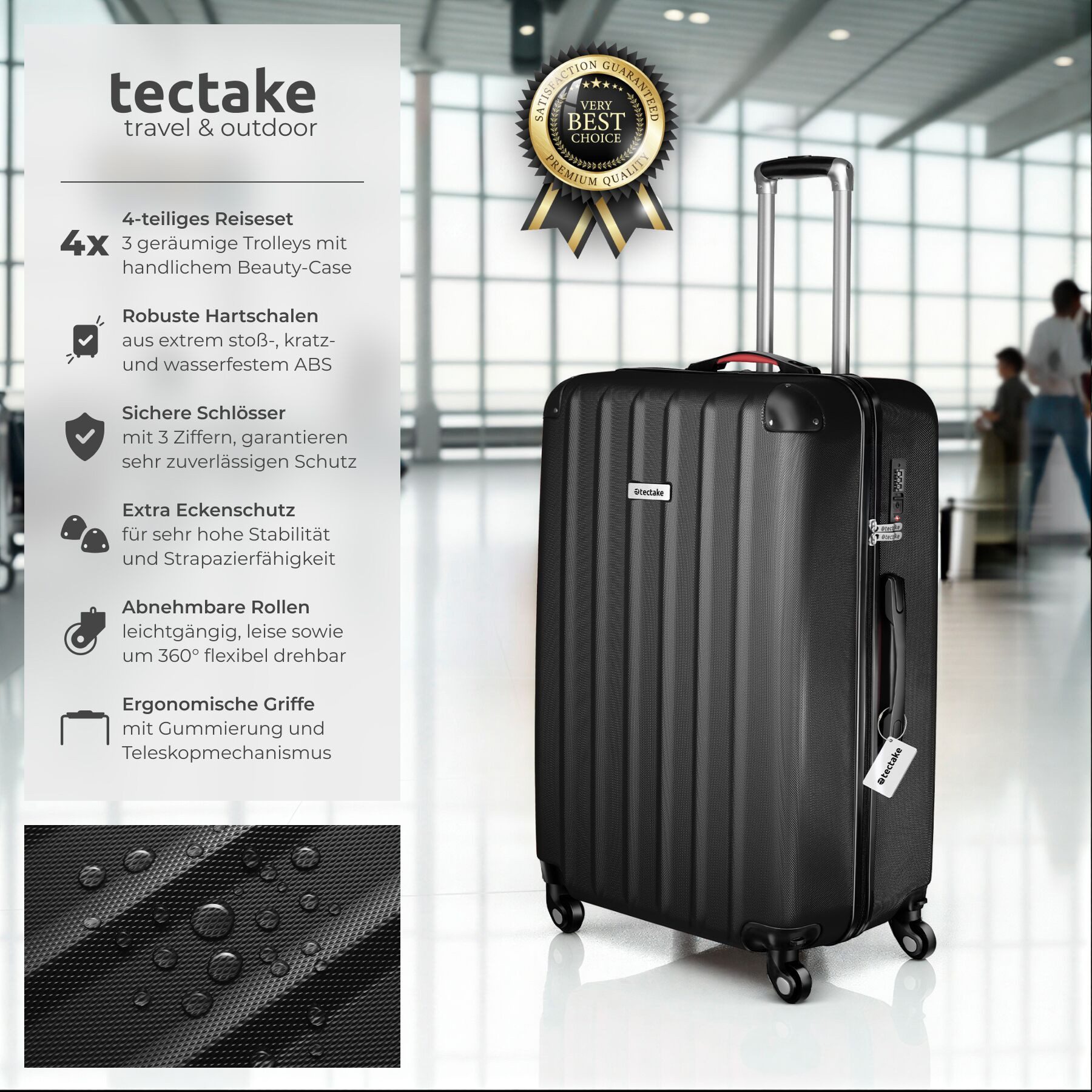 tectake Trolley Reisekoffer-Set, inkl. Kofferwaage und -anhänger, 4 Rollen, 1 Beauty Case, mit Teleskopgriff, mit Sicherheits-Zahlenschloss