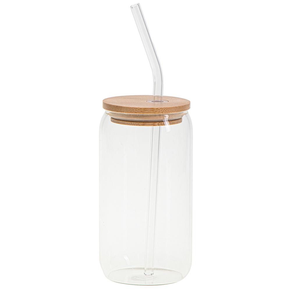 Camry Glas CR 4426 Glasbecher 460 ml mit Holzsdeckel, Glasstrohhalm, Reinigungsbürsten, Borosilikatglas, für Kaffee, Tee, Smoothies