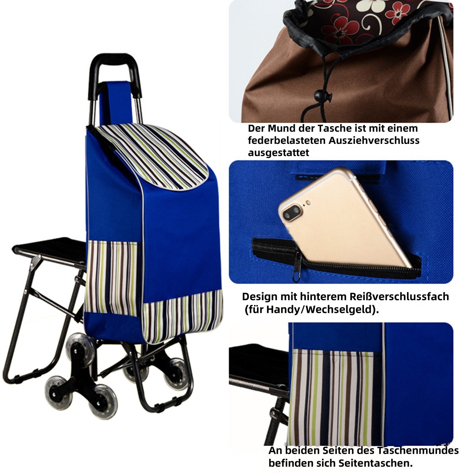 Rutaqian Einkaufstrolley 3-Rad Einkaufswagen mit Klappsitz & Treppensteiger günstig online kaufen