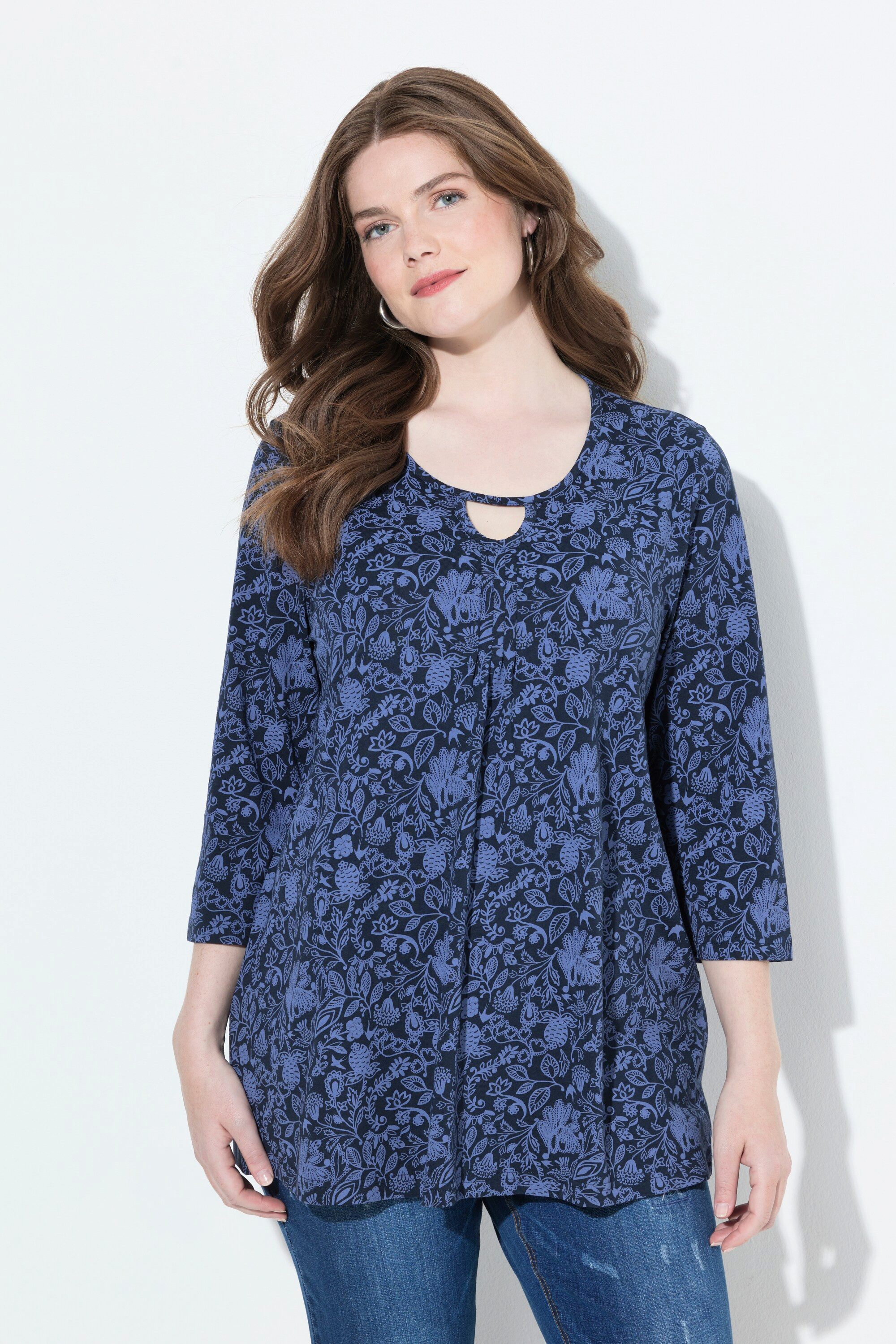 Ulla Popken T-Shirt Shirt Blüten A-Linie Rundhals 3/4-Arm günstig online kaufen
