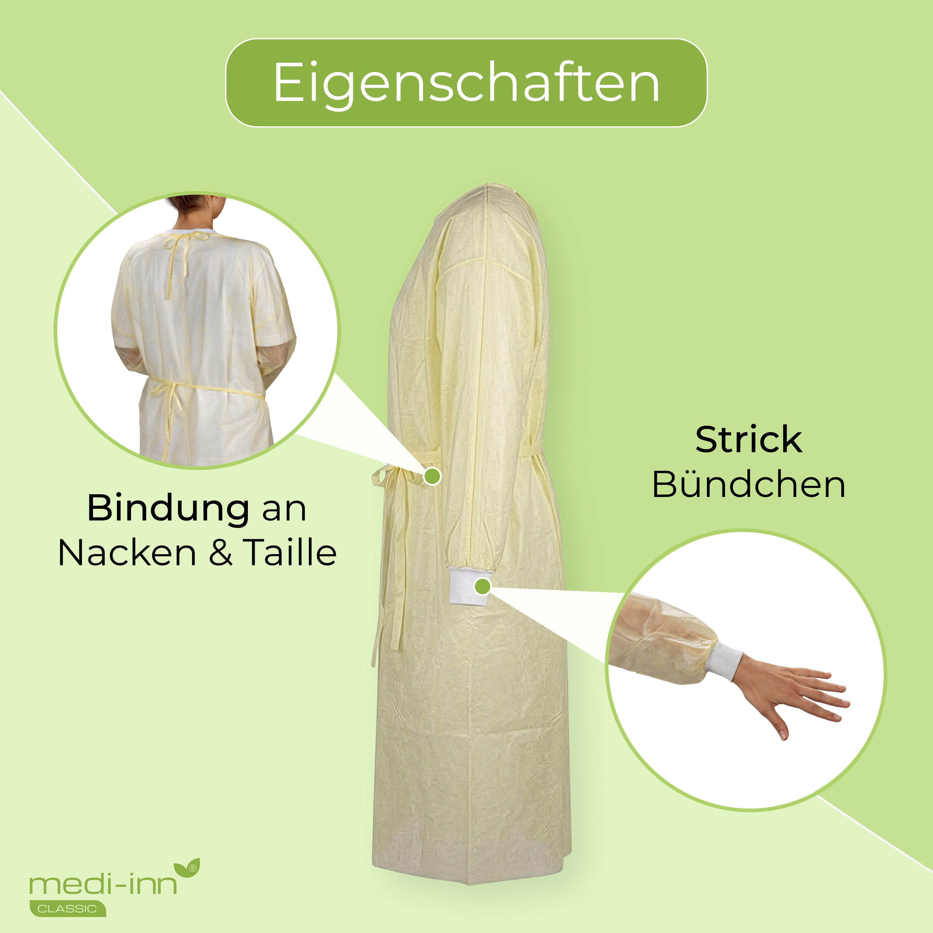 Medi-Inn CLASSIC Kittelschürze PP-Schutzkittel, PE-teilbeschichtet, gelb, Gr. L 139 x 139 cm, (10-tlg) – Bild 5 von 5