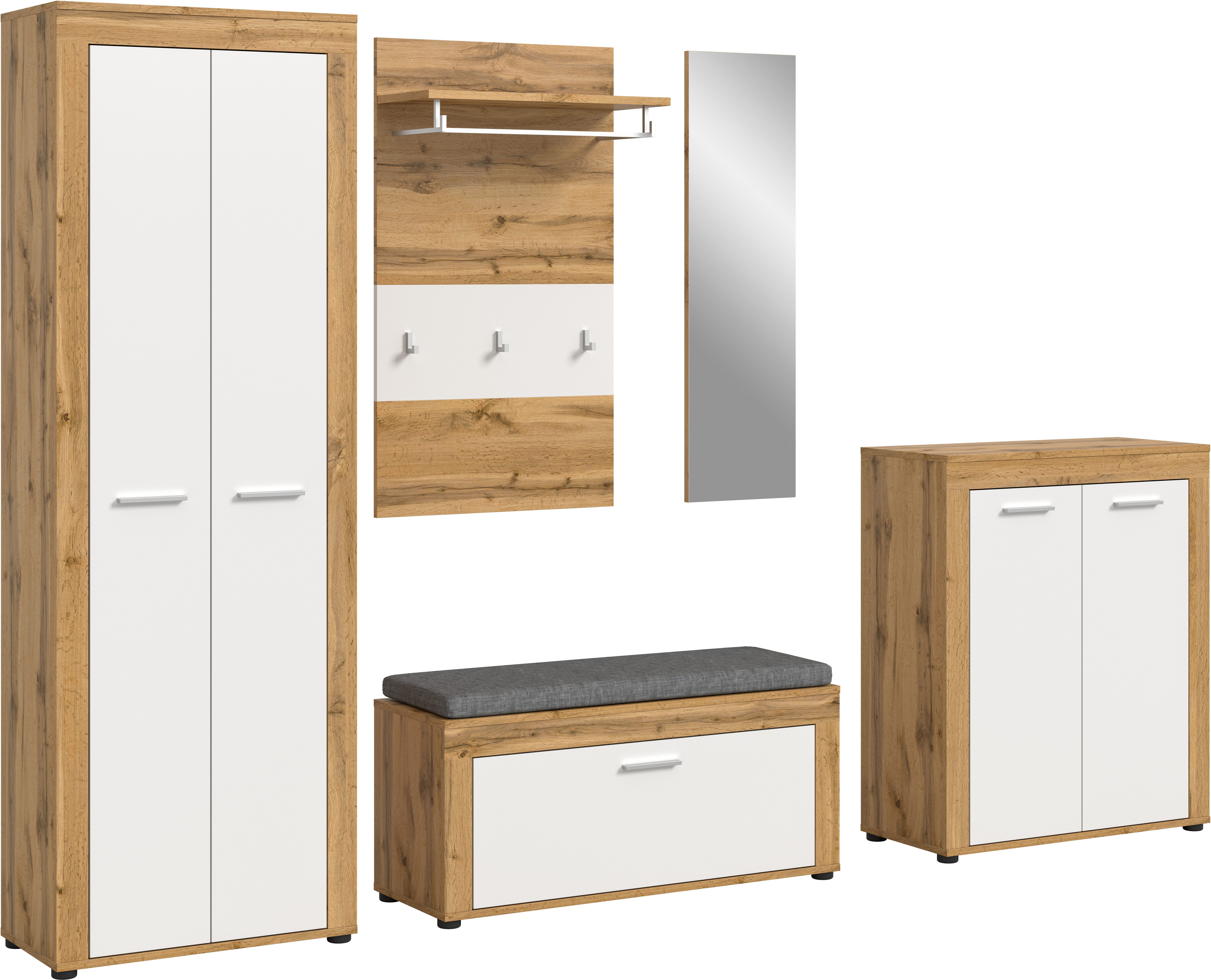 OTTO home Garderoben-Set AOSTA, Breite 285cm, 6-teilige Garderobenkombination, (Set, 6-St., best. aus: Schrank, Sitzbank, Sitzkissen, Paneel, Spiegel & Kommode), Flurkombination, Kombination, Garderobe, Dielen-Set, Garderobenmöbel