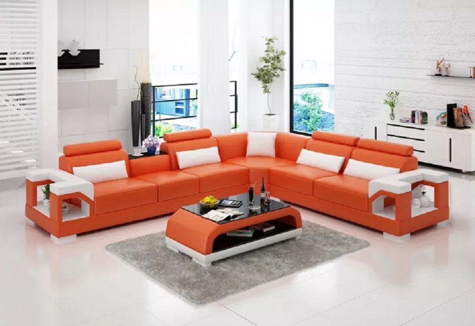 JVmoebel Ecksofa Ecksofa Couch Polster Eck Sofa Eckledersofa Wohnlandschaft, Made in Europe Orange/Weiß