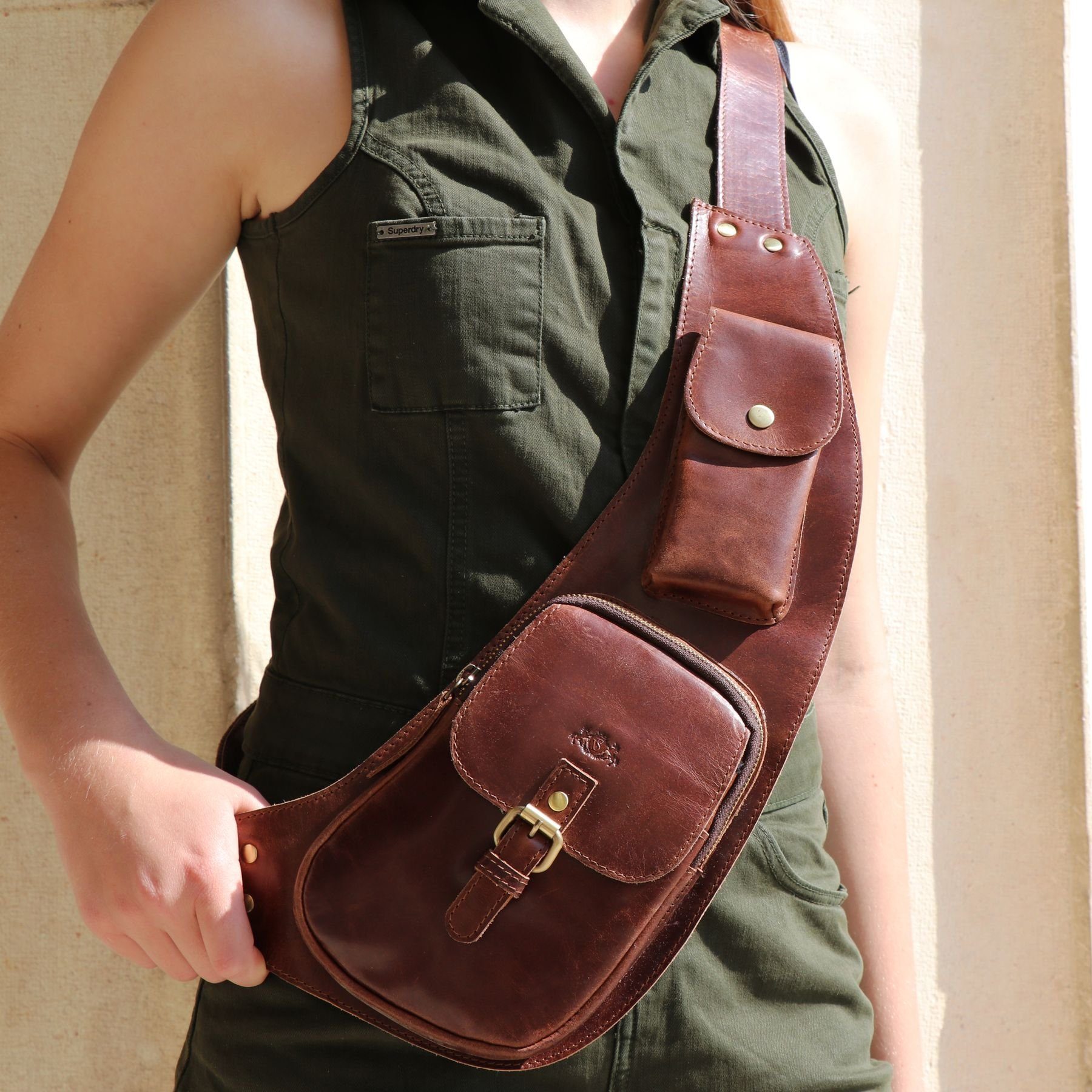 SID & VAIN Umhängetasche echt Leder Umhängetasche groß braun DUDLEY, Crossbody Bag Echtleder für Damen & Herren, Umhängetasche braun