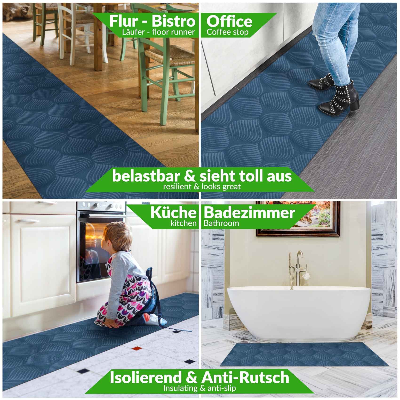 ANRO Küchenläufer Teppichläufer Läufer Textil BAKER Premium, Eckig, Bodenläufer 100x67cm Blatt Blau pflegeleicht