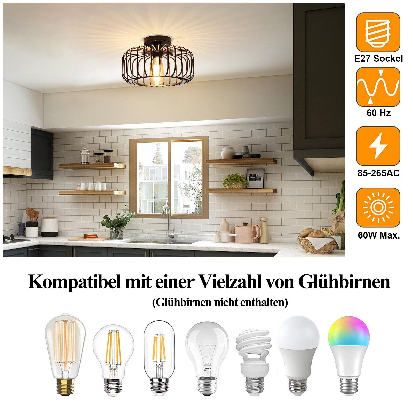 Sunicol Deckenleuchte LED Deckenlampe aus Metall mit Glühbirne, E27-Fassung, Hängelampe für Küche Flur Wohnzimmer Schlafzimmer Esszimmer