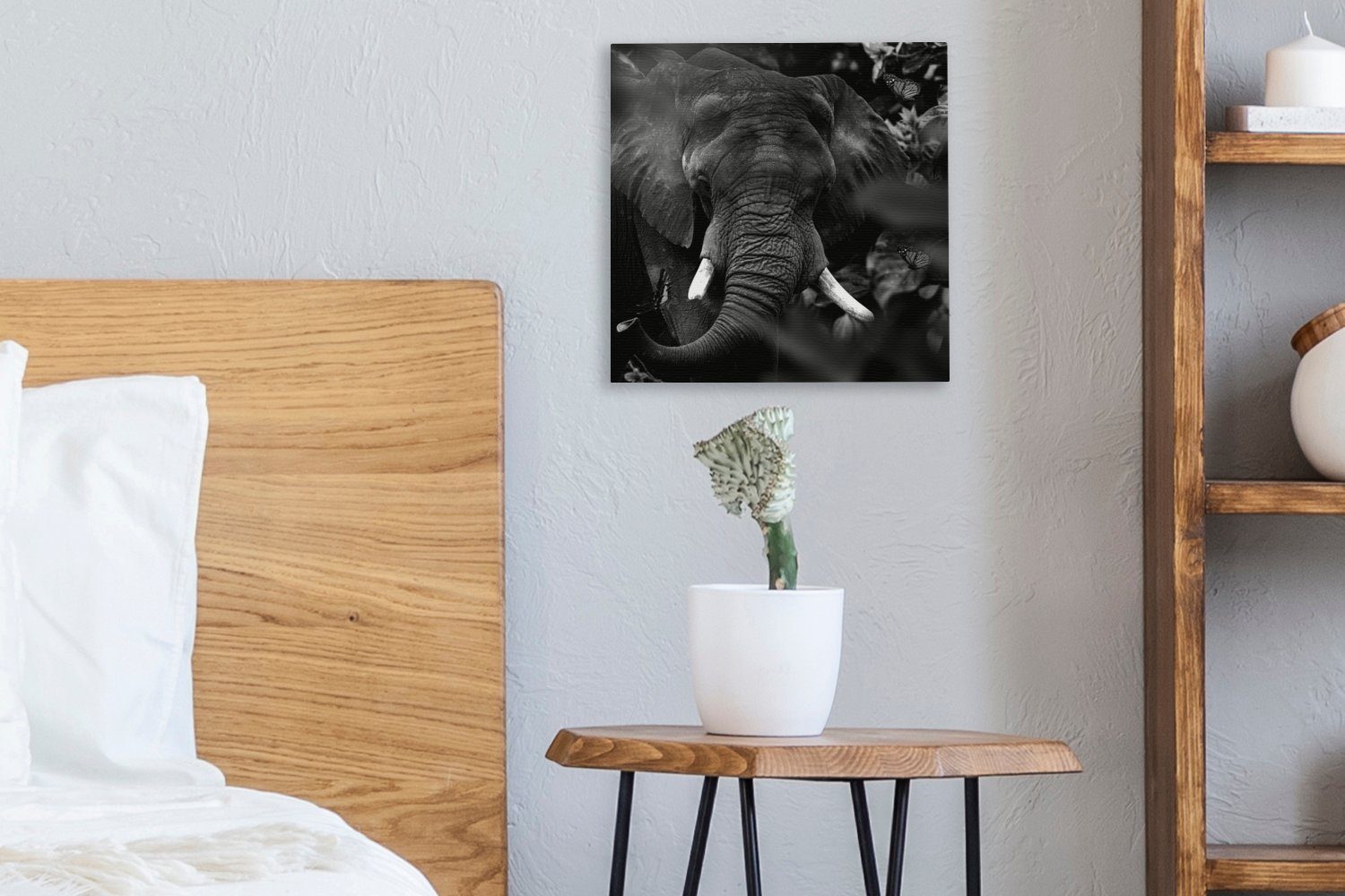 Wohnzimmer Schlafzimmer Tiere - Leinwand Bilder (1 Leinwandbild Weiß, Schmetterlinge Elefant Schwarz - OneMillionCanvasses® St), - für -